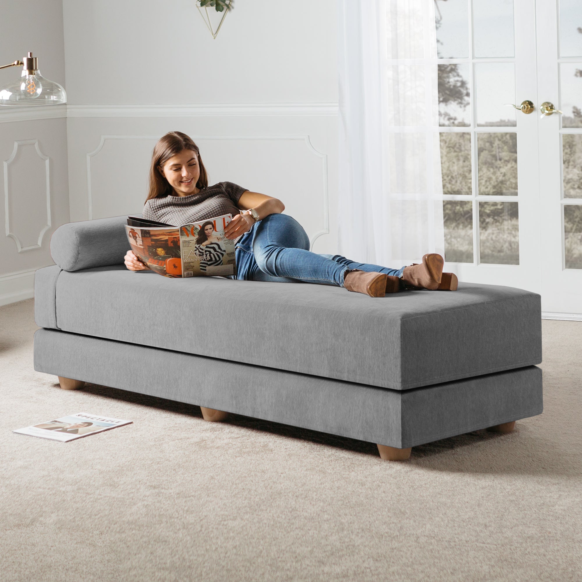 Jaxx Alon Daybed/Fold-Out Sleeper, Queen-Size Mattress - Premium Chenille, Grey, Model:
