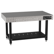 Welding Fixture Table, Fixed Height, 36"H x 60"L x 36"D, 1/4" Carbon Steel Top, Four Black Powdercoat Legs, Shelf, Self-Leveling Feet