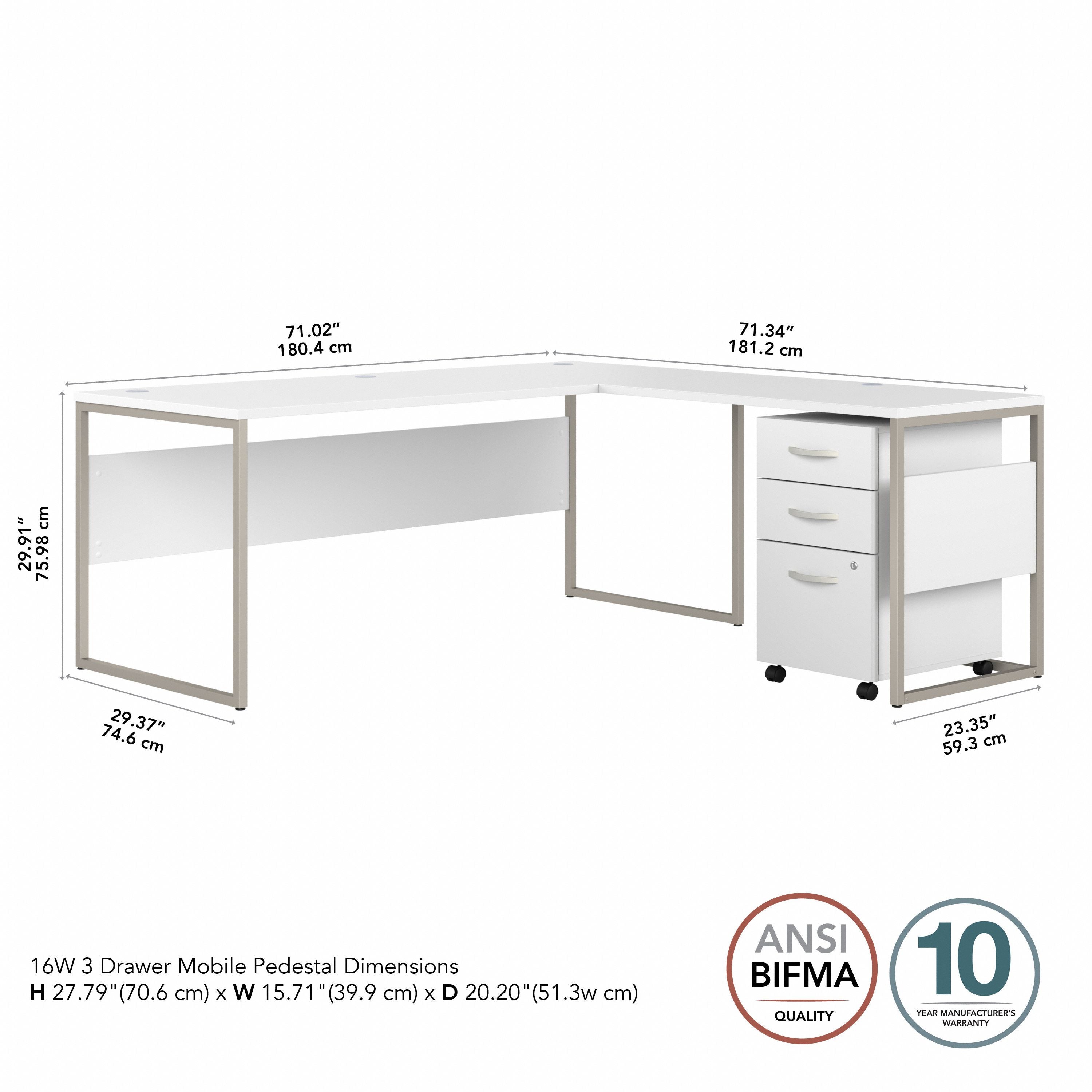 Bush Business Furniture Hybrid 72W x 30D L Shaped Table Desk with Mobile File Cabinet in White - 71.02" Width x 71.34" Depth x 29.91" Height