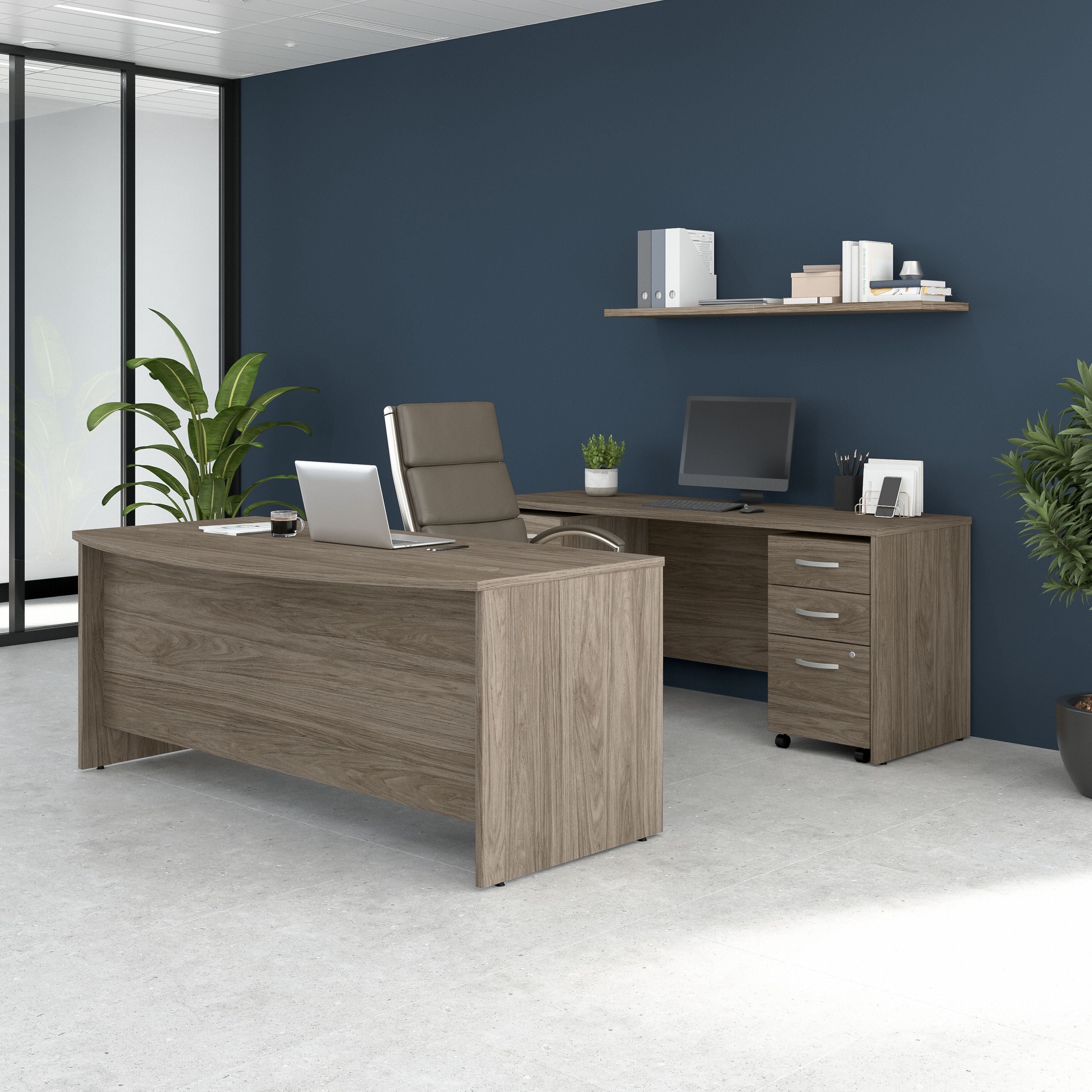 Bush Business Furniture Studio C 72W x 36D Bow Front Desk and Credenza with Mobile File Cabinets in Modern Hickory - 71.02" Width x 94.78" Depth x 29.84" Height