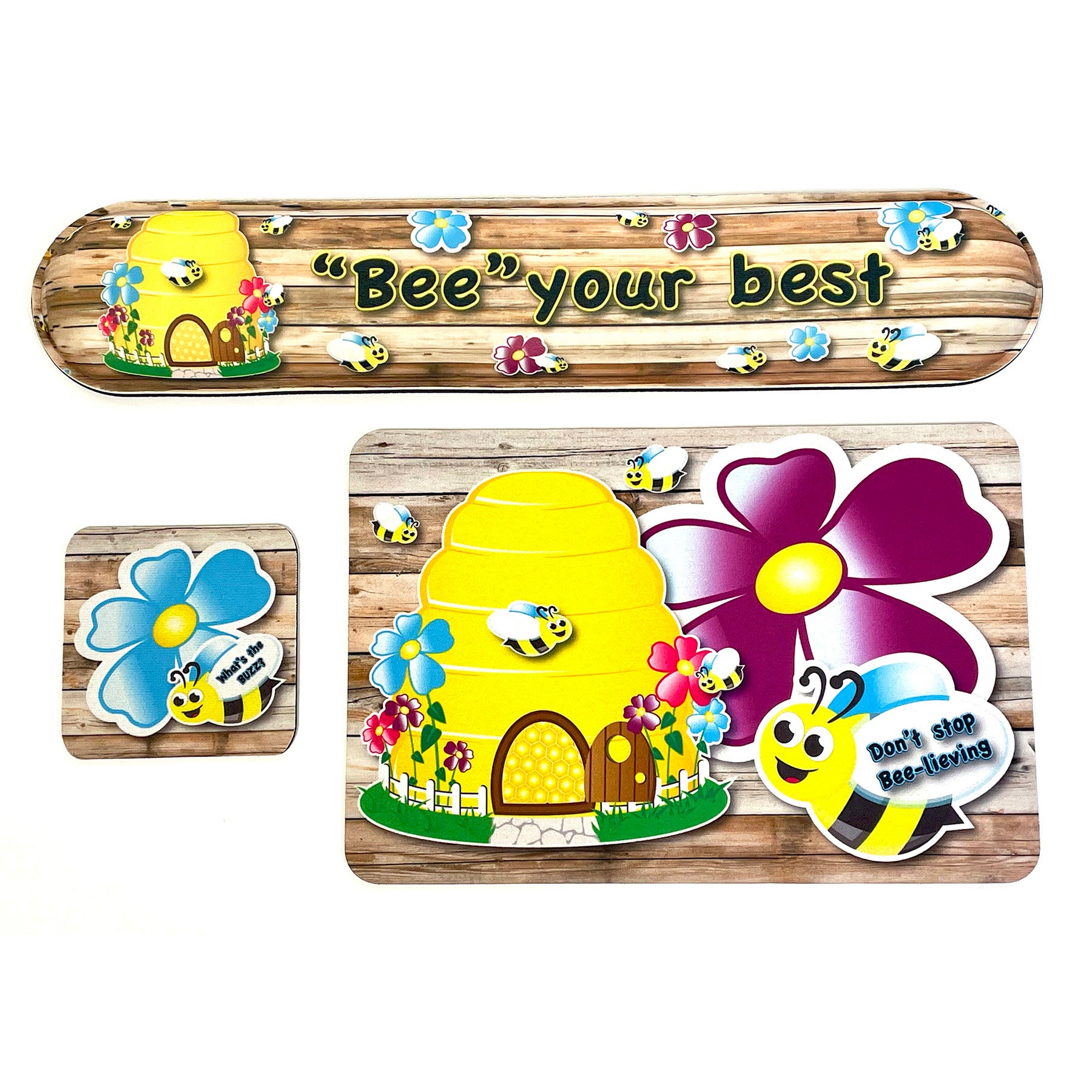 The Original Fun Mat® Computer Desk Mats, Set of 3, (1) Mouse Pad, (1) Keyboard Wrist Pad, (1) Coaster, Bee Your Best, Bee Themed Positive