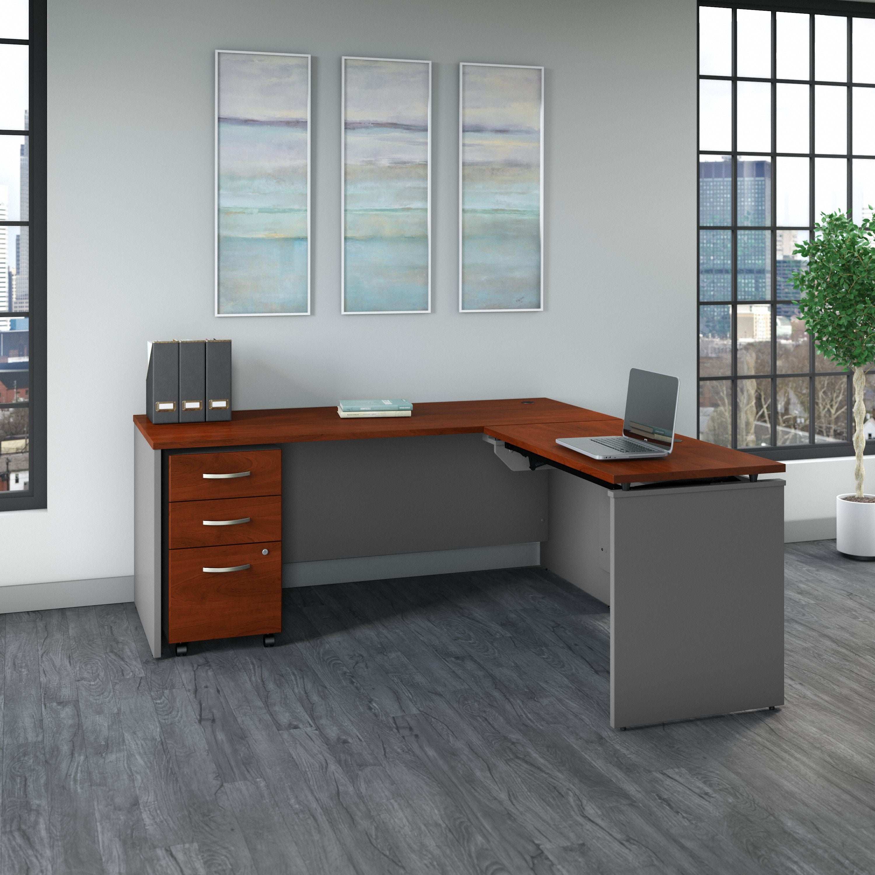 Bush Business Furniture Series C 72W x 30D 3 Position Sit to Stand L Shaped Desk with Mobile File Cabinet in Hansen Cherry/Graphite Gray - 71.1" Width x 72.01" Depth x 29.84" Height