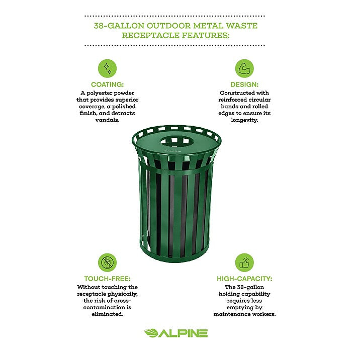 Alpine Industries Outdoor Metal Waste Receptacle - 38 Gallon Green