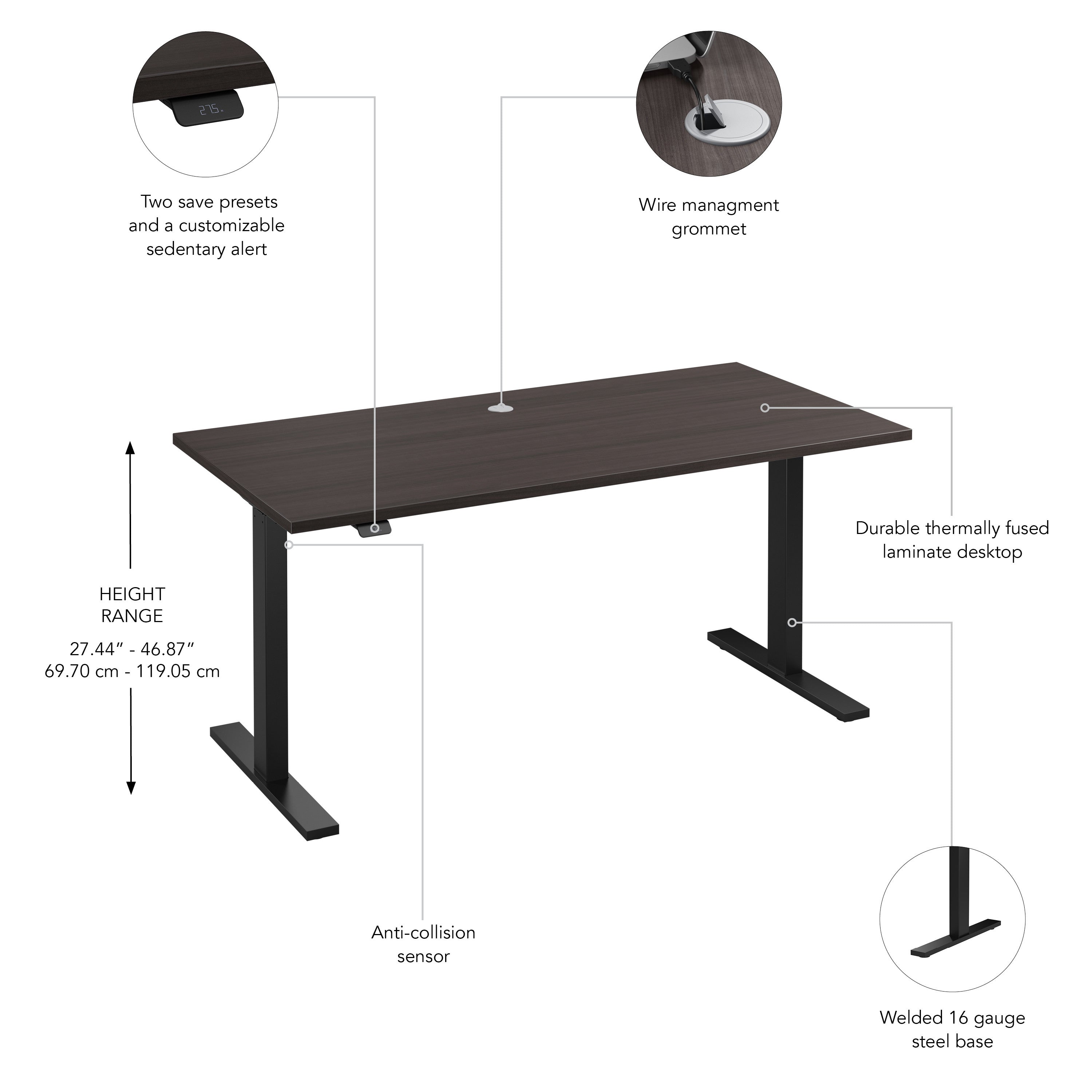 Bush Business Furniture Move 60 Series 60W x 30D Electric Height Adjustable Standing Desk in Storm Gray with Black Base - 59.45" Width x 29.37" Depth x 47.69" Height
