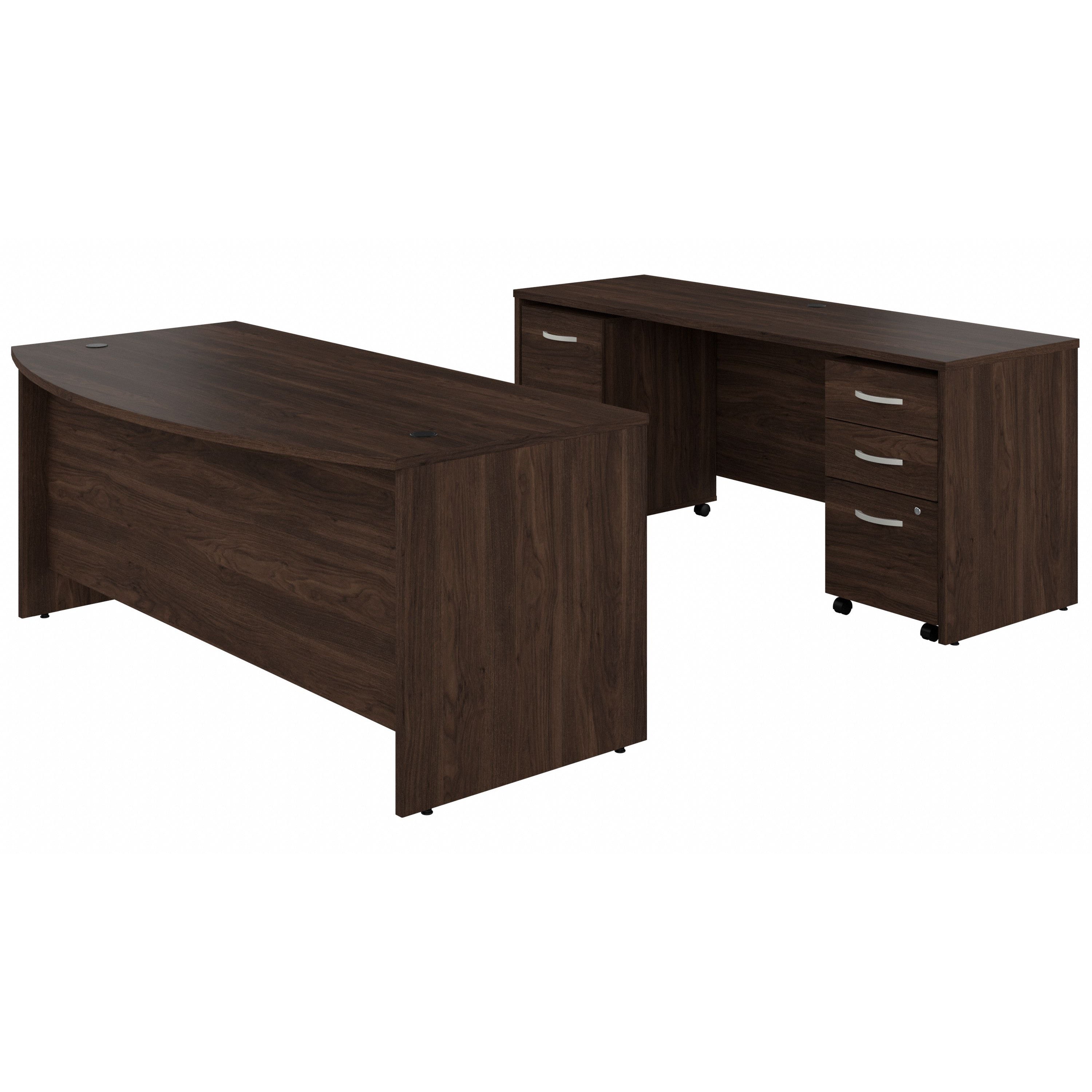 Bush Business Furniture Studio C 72W x 36D Bow Front Desk and Credenza with Mobile File Cabinets in Black Walnut - 71.02" Width x 94.78" Depth x 29.84" Height