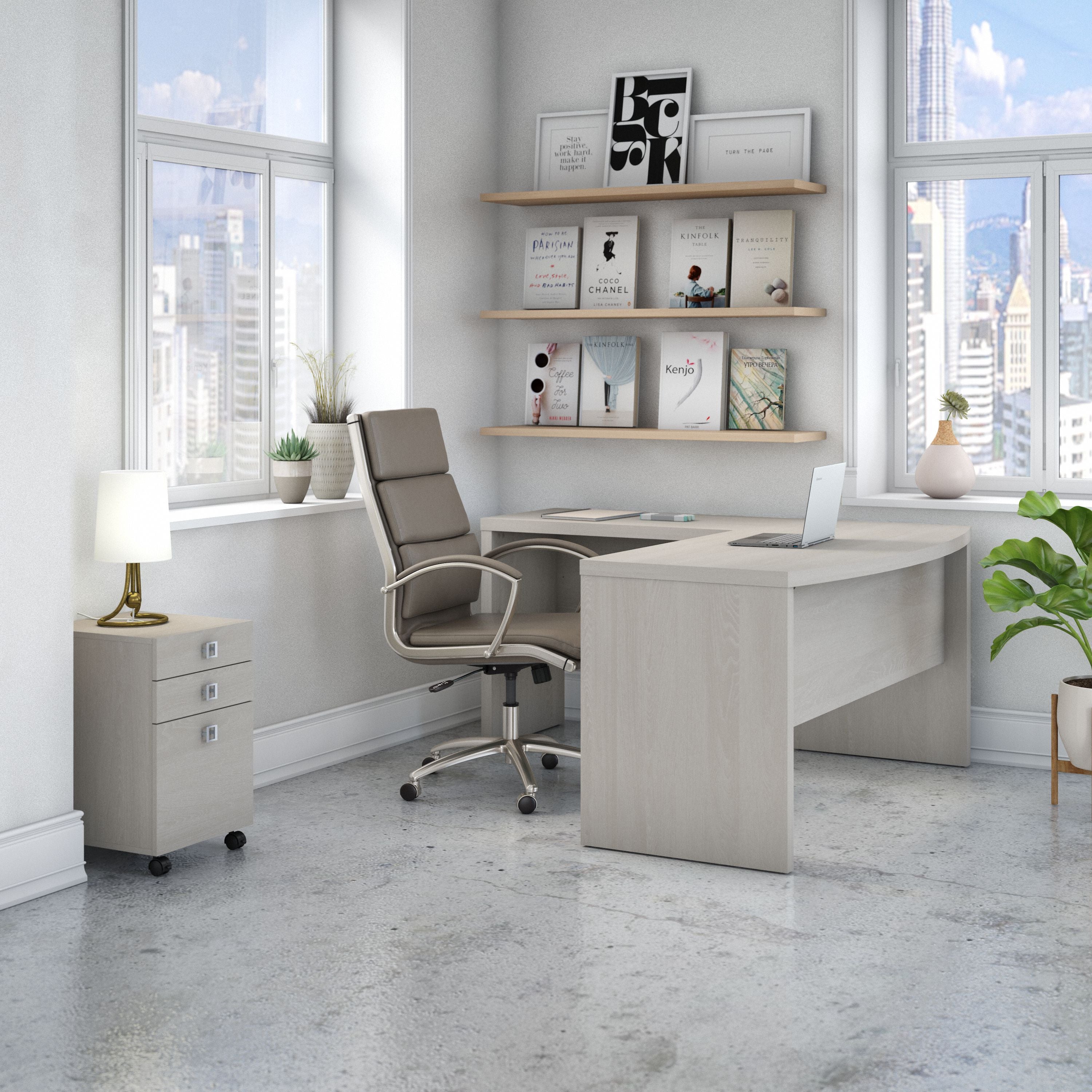 Bush Business Furniture Echo L Shaped Bow Front Desk with Mobile File Cabinet in Gray Sand - 60" Width x 64.33" Depth x 30" Height