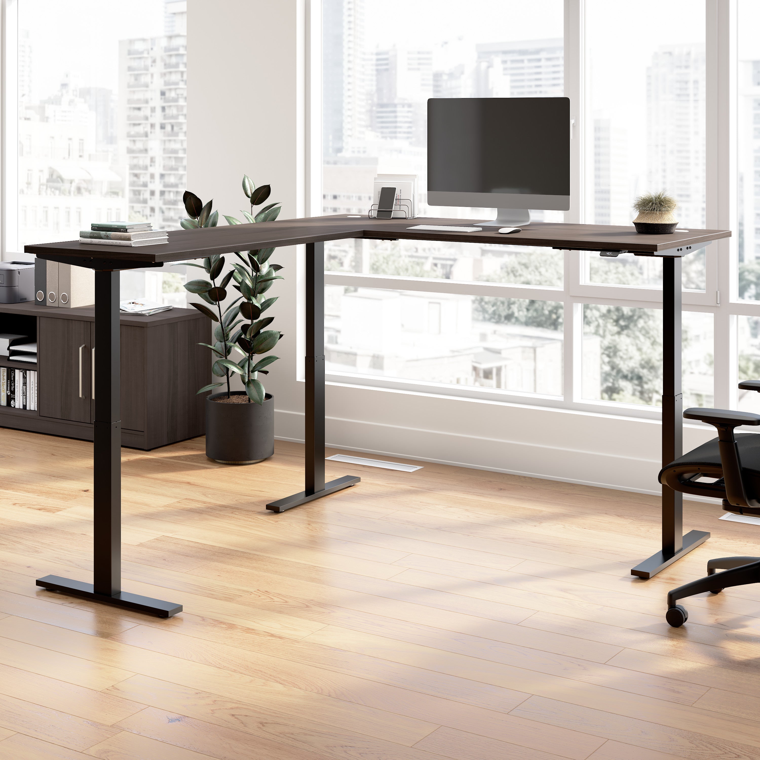 Bush Business Furniture Move 60 Series 72W Height Adjustable L Shaped Standing Desk in Storm Gray with Black Base - 71.02" Width x 76.97" Depth x 27.44" Height