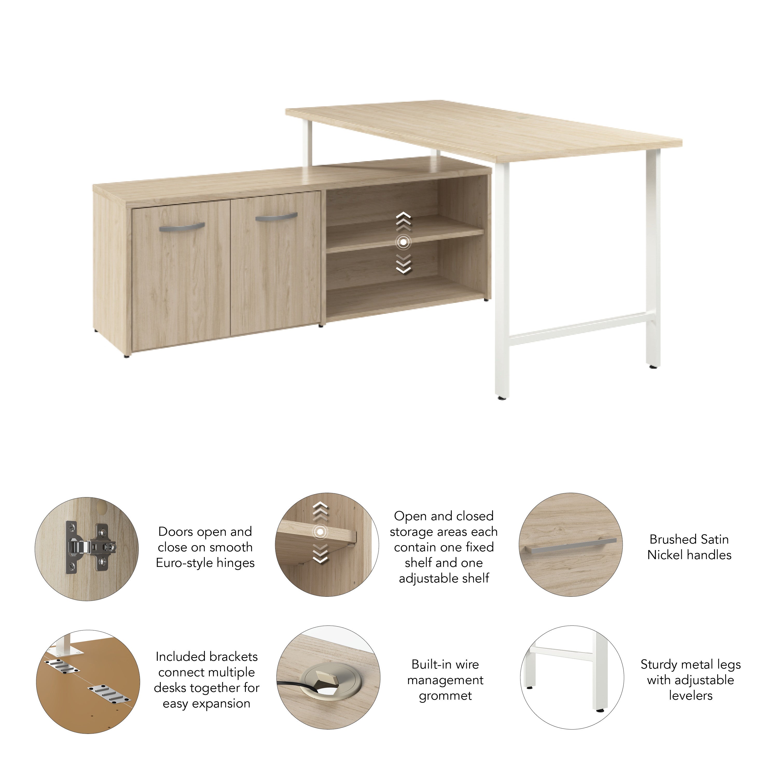 Bush Business Furniture Hustle 60W x 30D Computer Desk and Low Storage Cabinet with Doors and Shelves in Natural Elm - 59.44" Width x 88.54" Depth x 30.07" Height