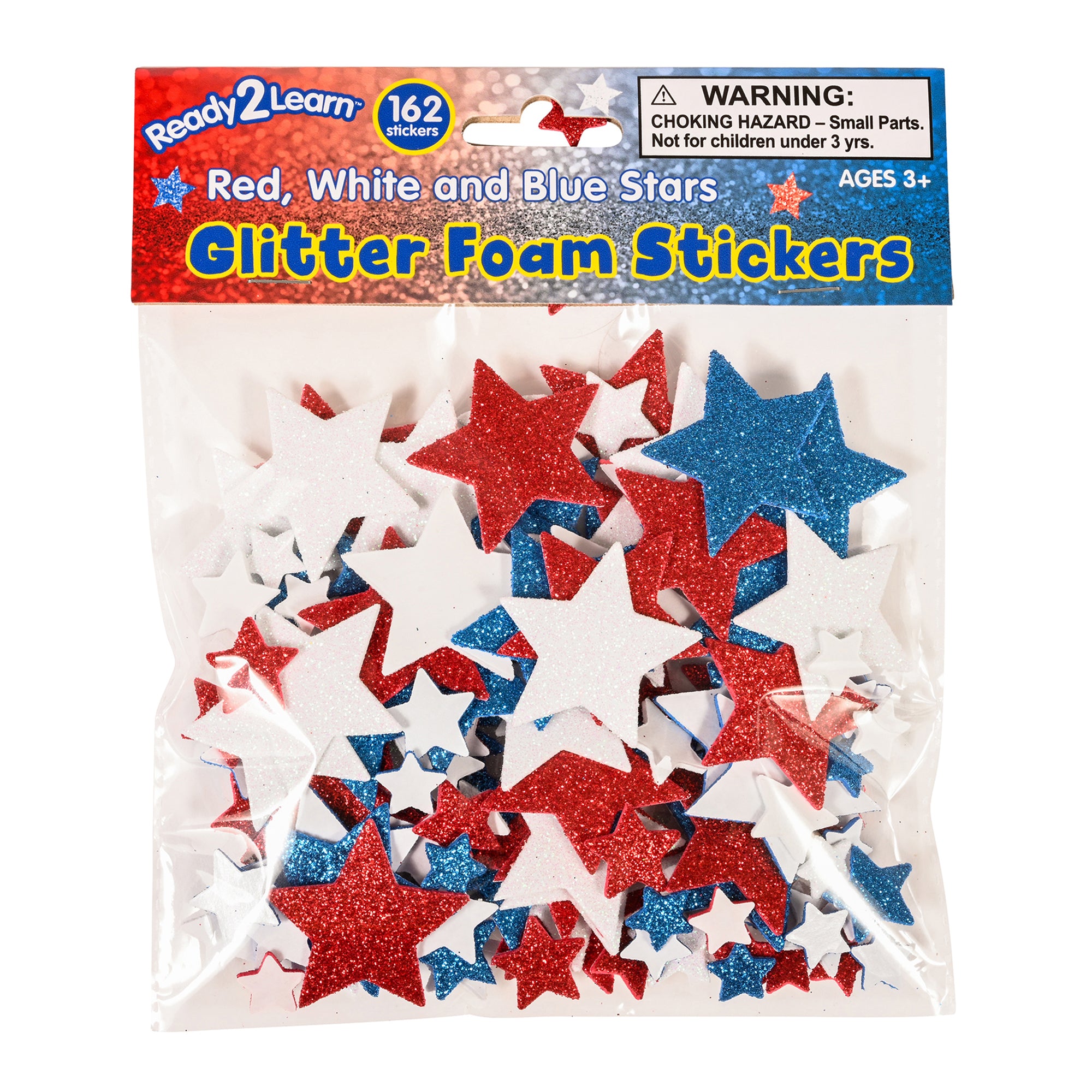 Glitter Foam Stickers, Stars, Red White and Blue, 162 Pieces Per Pack, 3 Packs