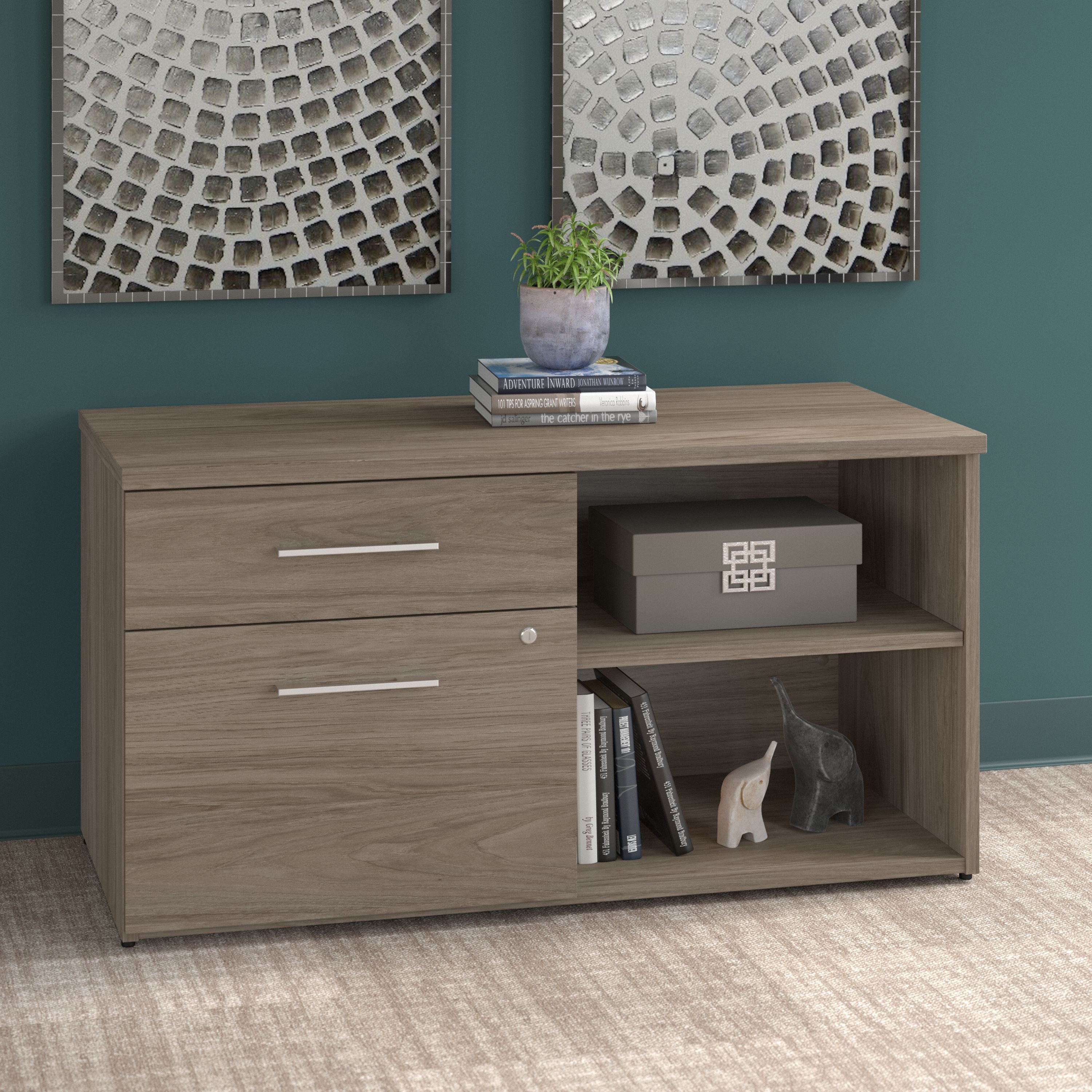 Bush Business Furniture Office 500 Low Storage Cabinet with Drawers and Shelves in Modern Hickory - 44.21" Width x 20.59" Depth x 23.2" Height