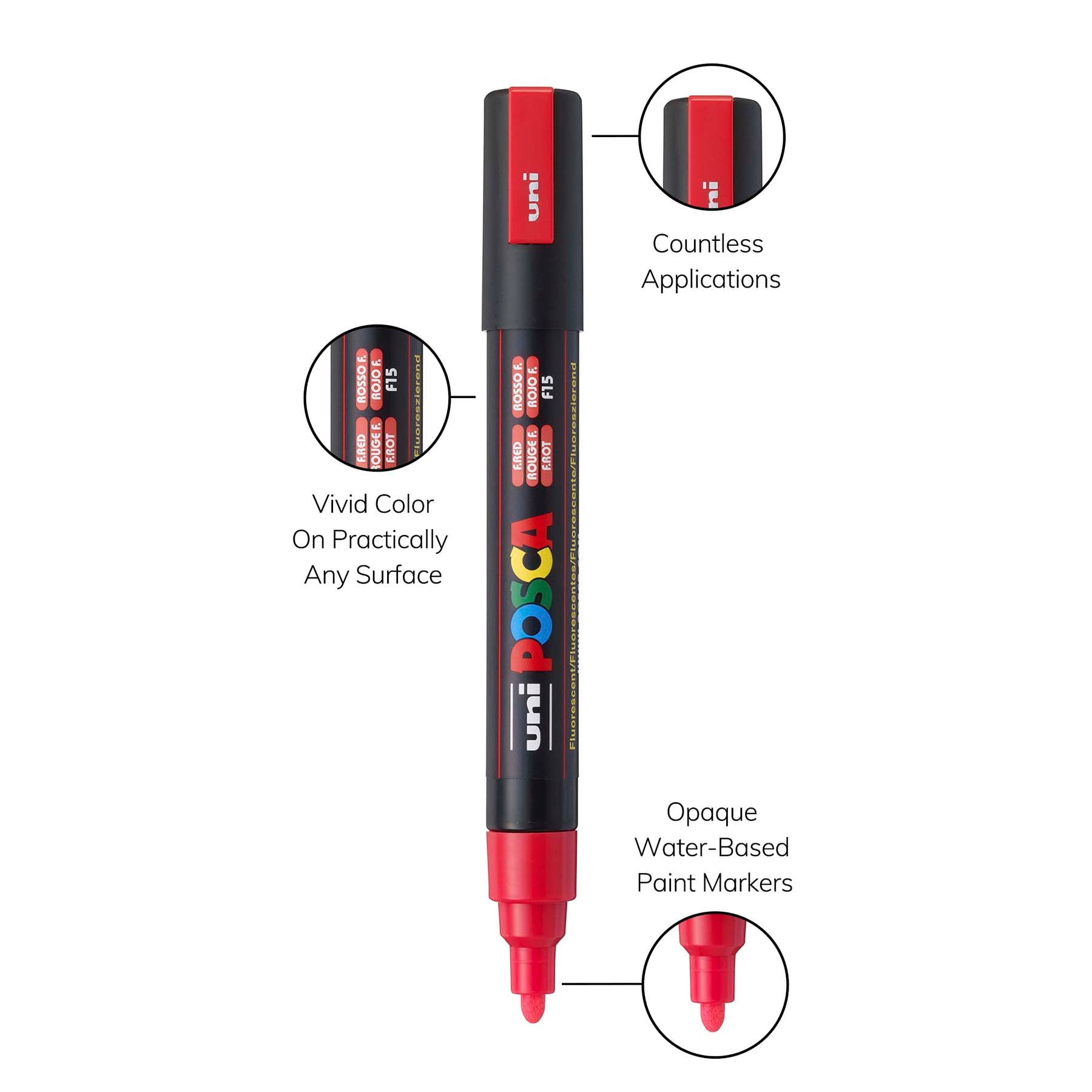 uni® POSCA PC-5M Water-Based Paint Markers, Reversible Medium Tip (1.8-2.5mm), Fluorescent Red