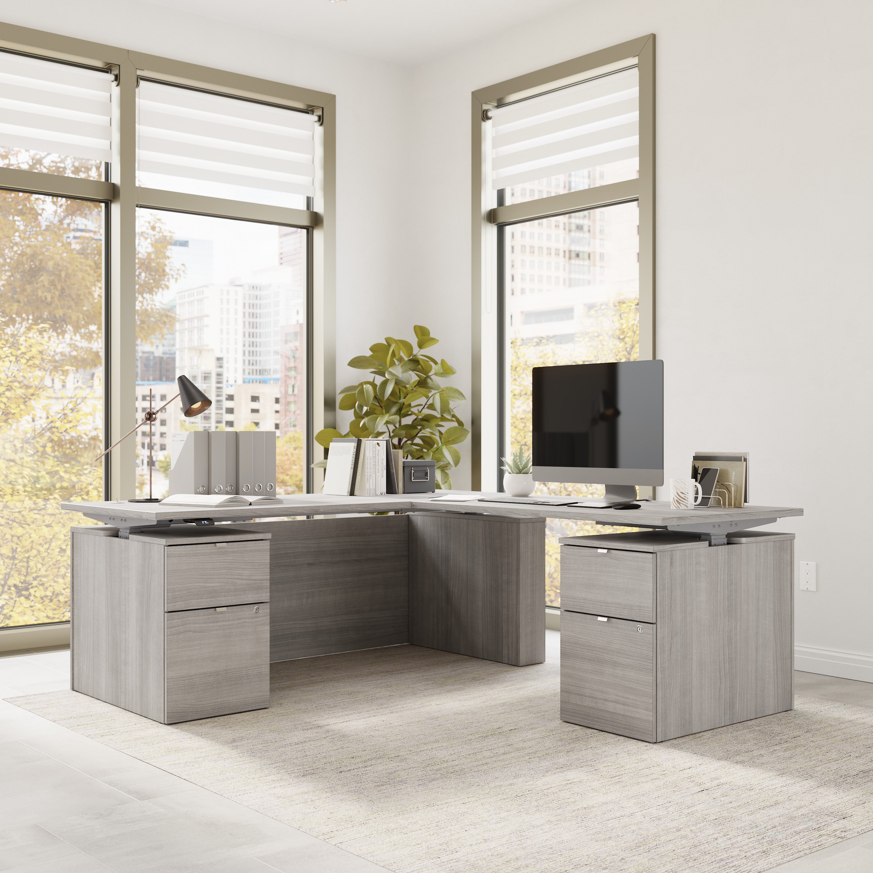 Bush Business Furniture Stratus&nbsp;72W x&nbsp;78D Height Adjustable L Shaped Standing Desk with Drawers in Platinum Gray with Metallic Gray Base - 71.02" Width x 76.97" Depth x 27.44" Height