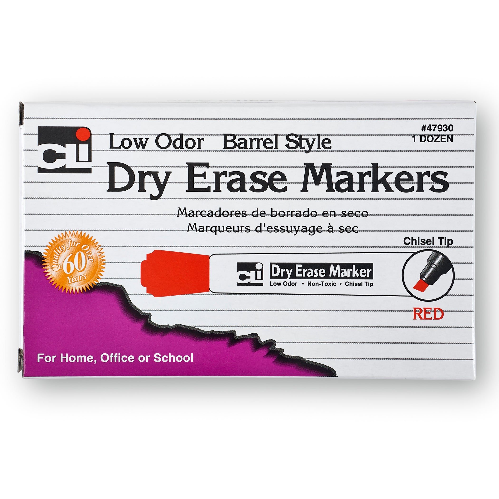 Dry Erase Markers, Barrel Style, Chisel Tip, Red, Pack of 12