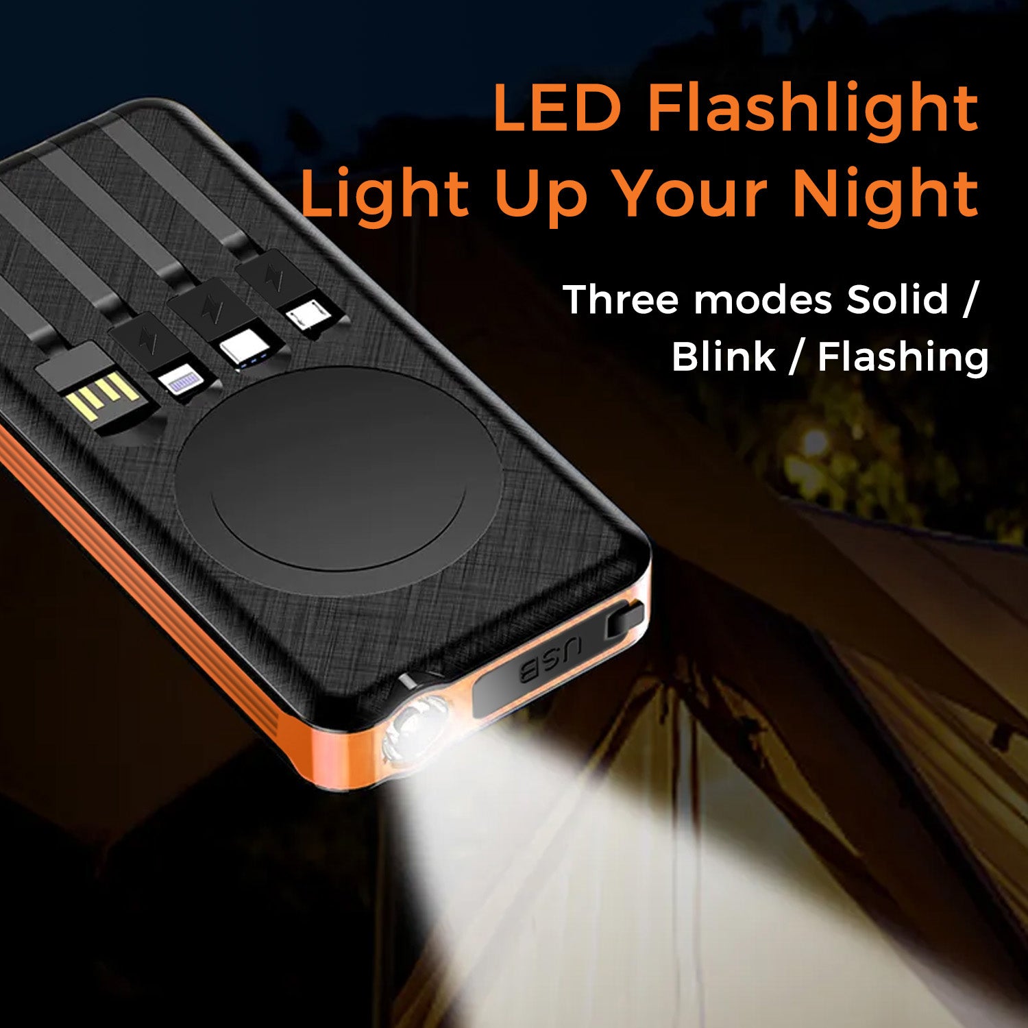 10000mAh Solar Power Bank with Wireless Charging and Built-in Cables, Orange