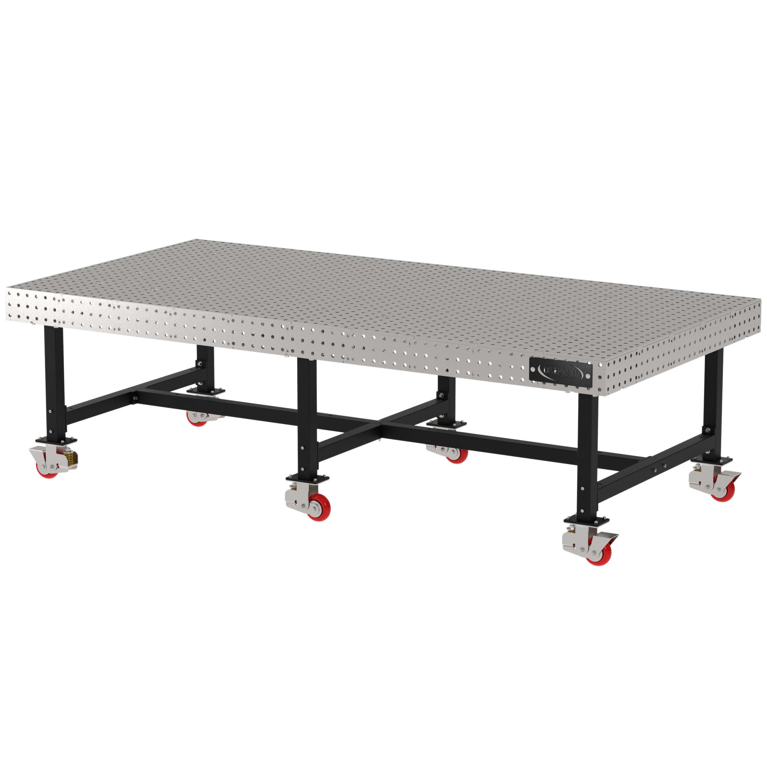 Welding Fixture Table, Fixed Height, 36"H x 120"L x 60"D, 1/4" Carbon Steel Top, Six Black Powdercoat Legs, 6 Heavy Duty Suspension Casters (4 Locking/Swiveling Casters and 2 Non-Locking/Non-SwivelingCasters)