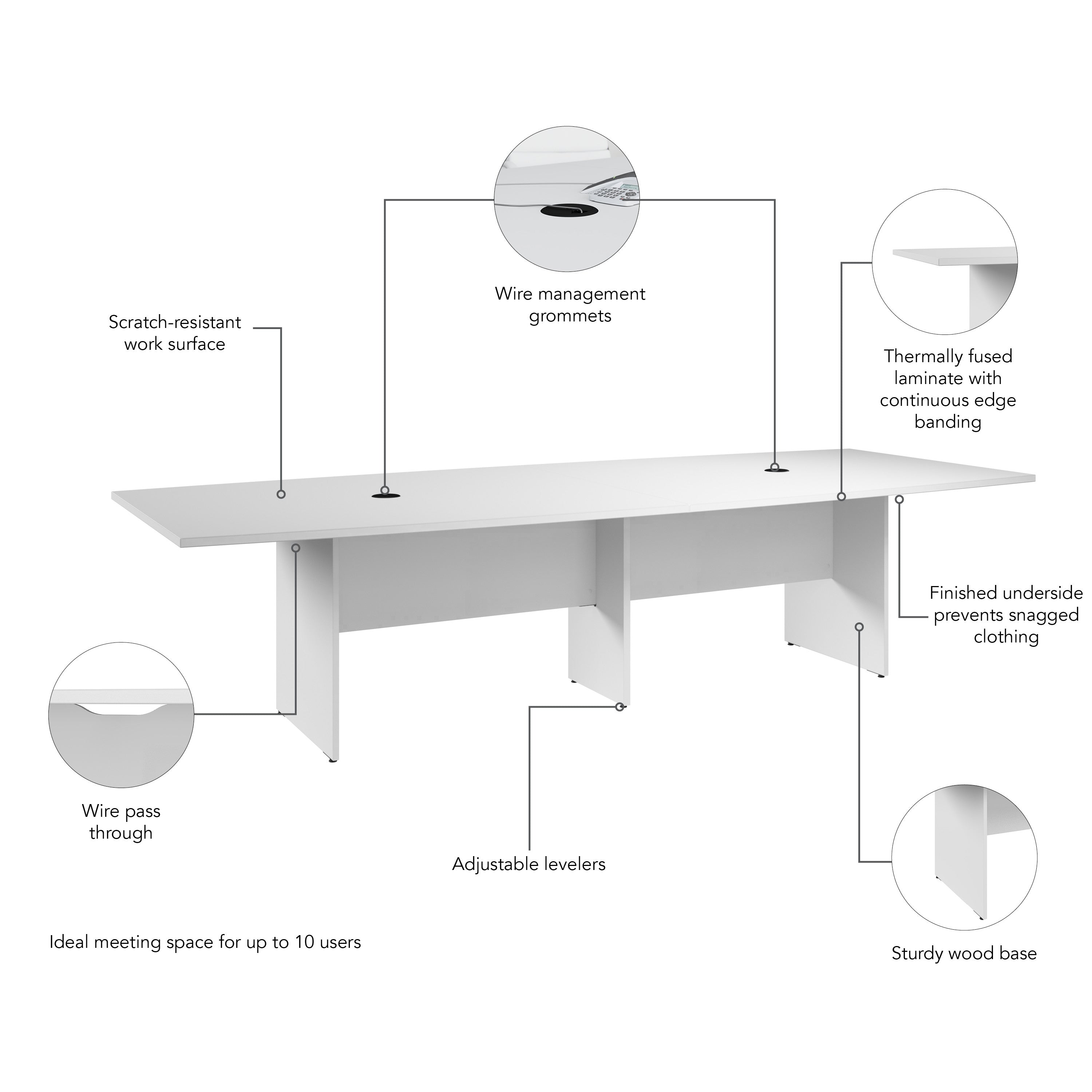 Bush Business Furniture 120-inch Office Conference Table with Wood Base in White - 119.21" Width x 47.52" Depth x 28.65" Height