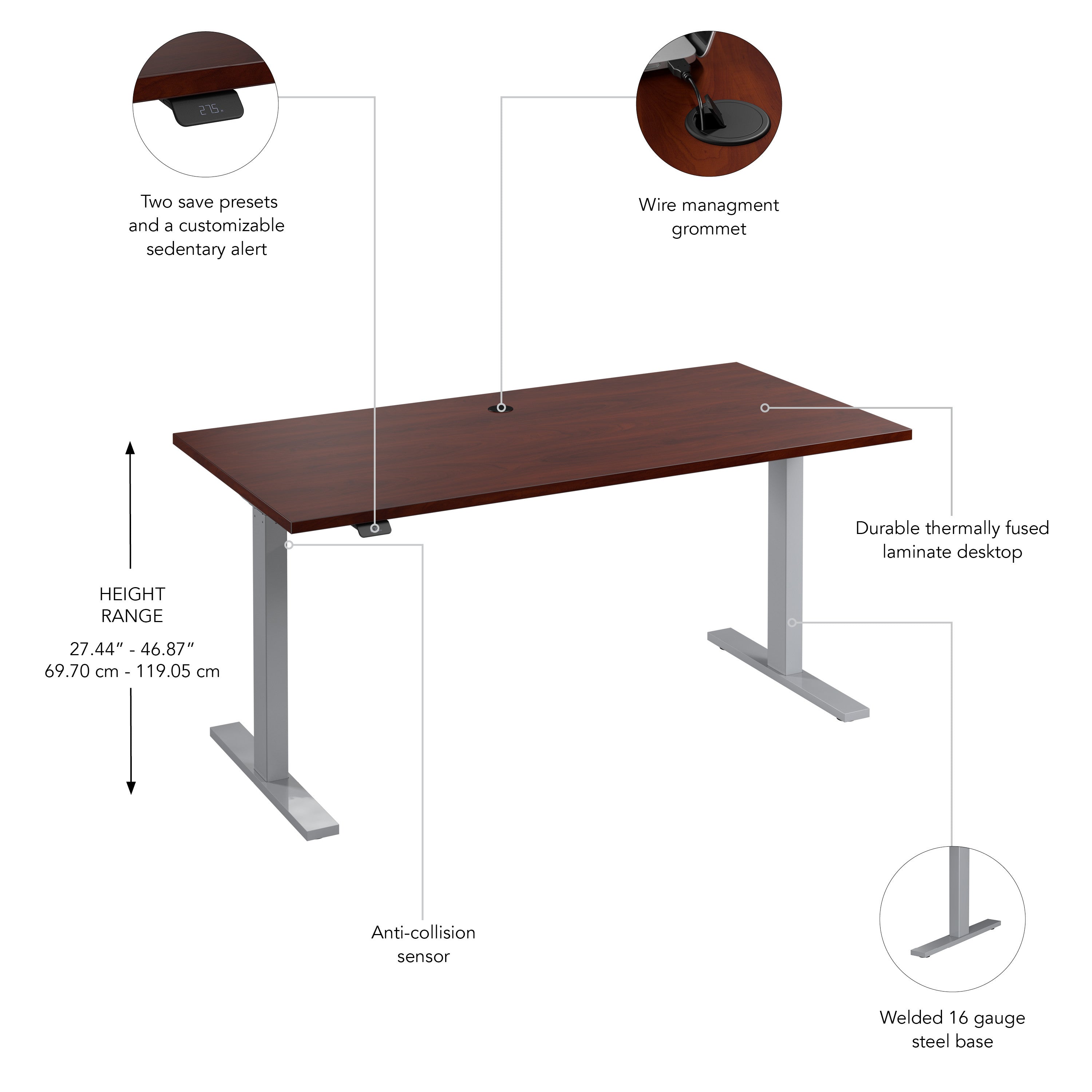 Bush Business Furniture Move 60 Series 60W x 30D Electric Height Adjustable Standing Desk in Hansen Cherry with Metallic Gray Base - 59.45" Width x 29.37" Depth x 47.69" Height