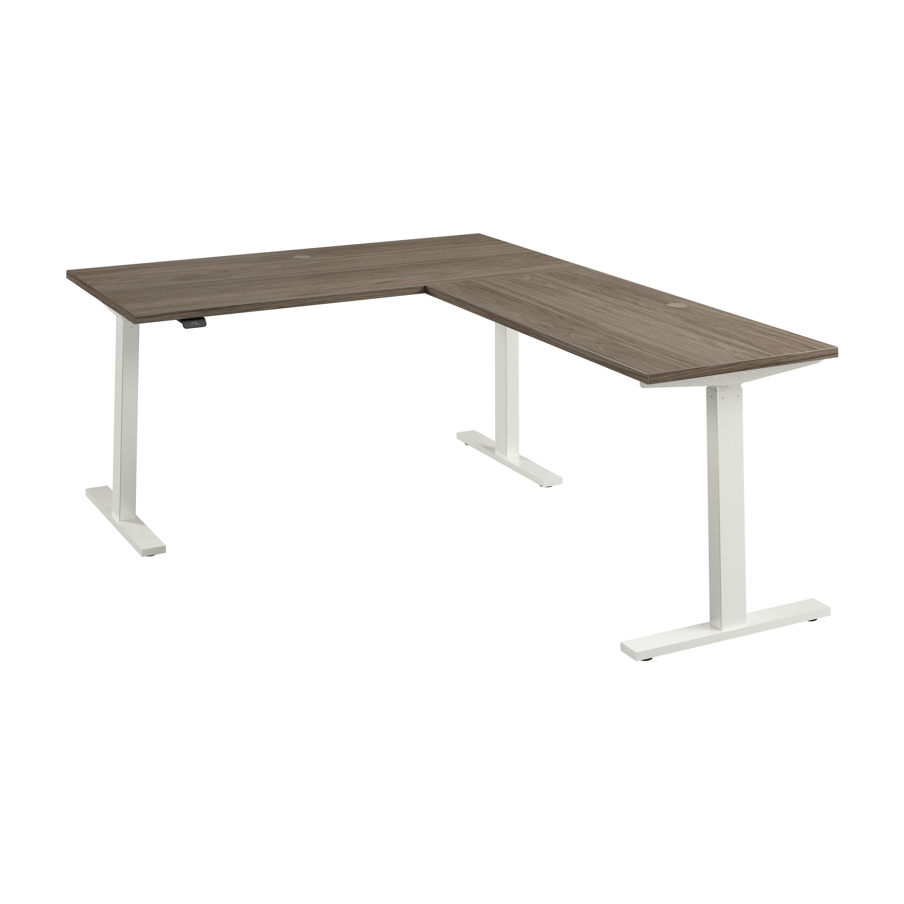 Bush Business Furniture Move 60 Series 60W Height Adjustable L Shaped Standing Desk in Modern Hickory with White Base - 59.45" Width x 76.97" Depth x 27.44" Height