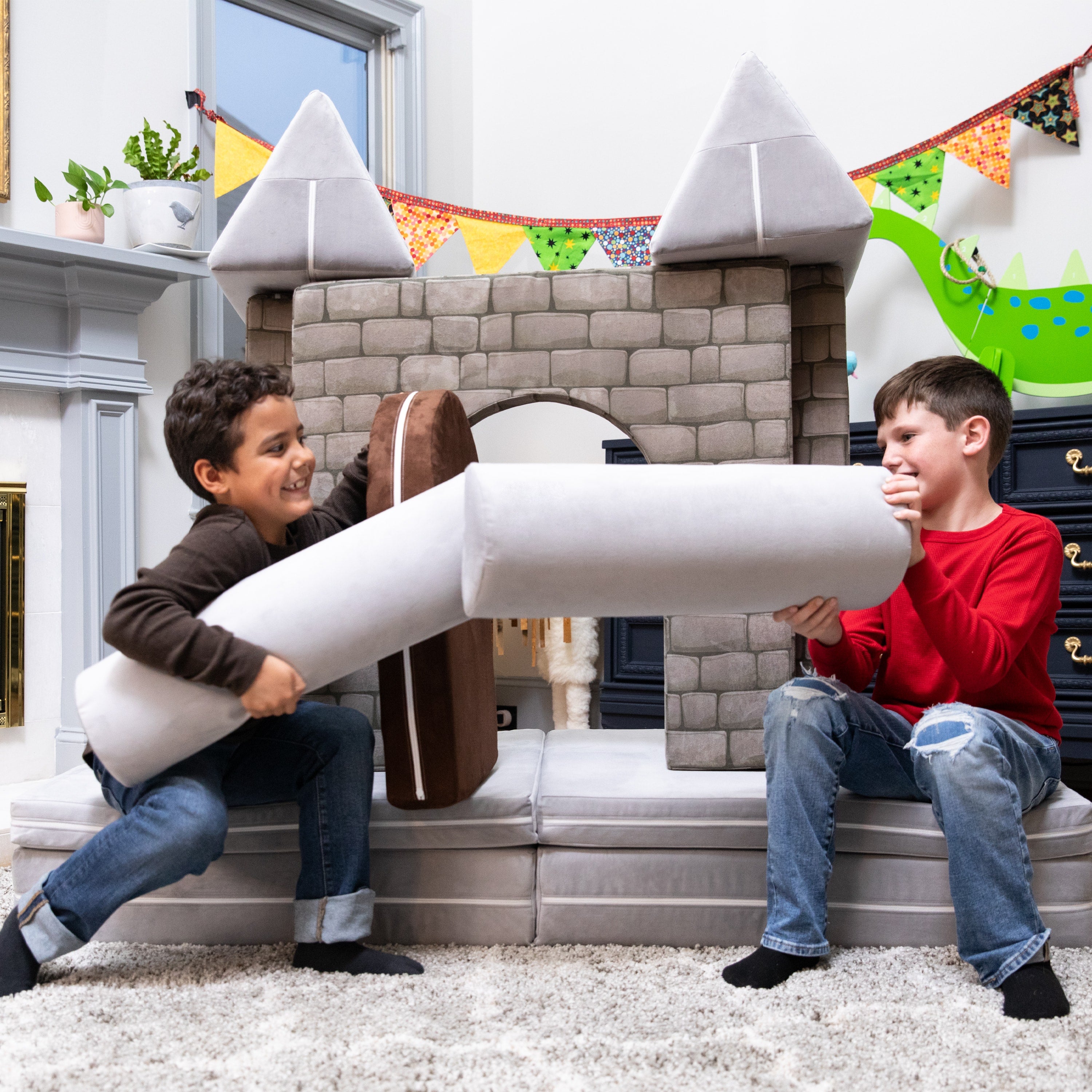 Jaxx Zipline Playscape Castle Gate - Modular Playtime Furniture for Imaginative Kids - Prints, Stone/Chocolate