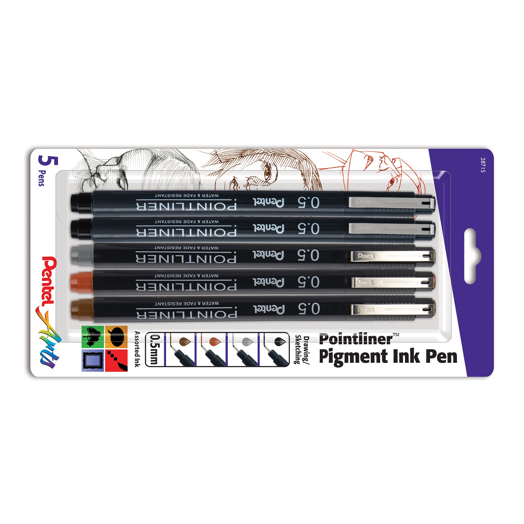 Pointliner Pen, 0.5mm Tip, Assorted Ink Colors, 5-Pack