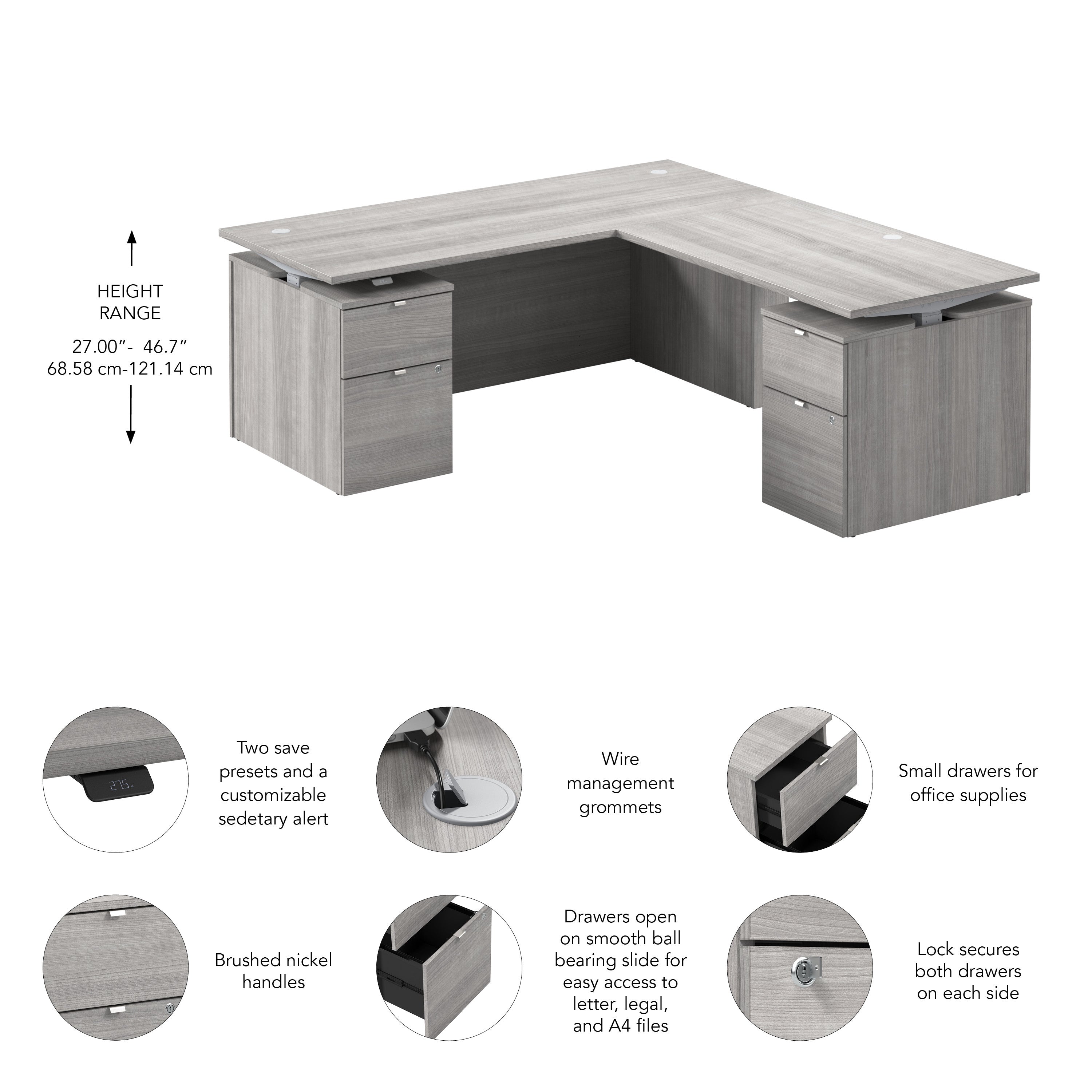 Bush Business Furniture Stratus&nbsp;72W x&nbsp;78D Height Adjustable L Shaped Standing Desk with Drawers in Platinum Gray with Metallic Gray Base - 71.02" Width x 76.97" Depth x 27.44" Height