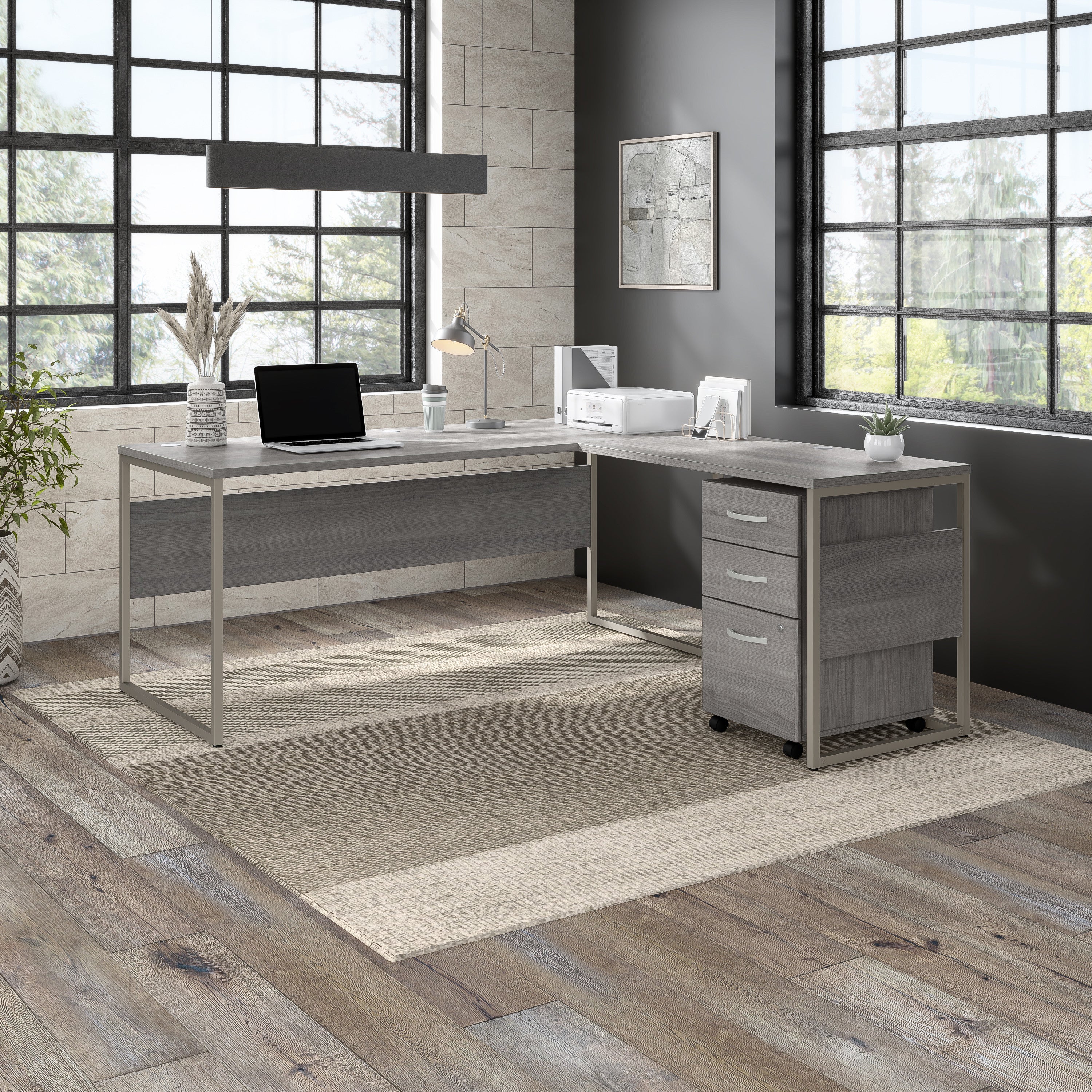 Bush Business Furniture Hybrid 72W x 30D L Shaped Table Desk with Mobile File Cabinet in Platinum Gray - 71.02" Width x 71.34" Depth x 29.91" Height