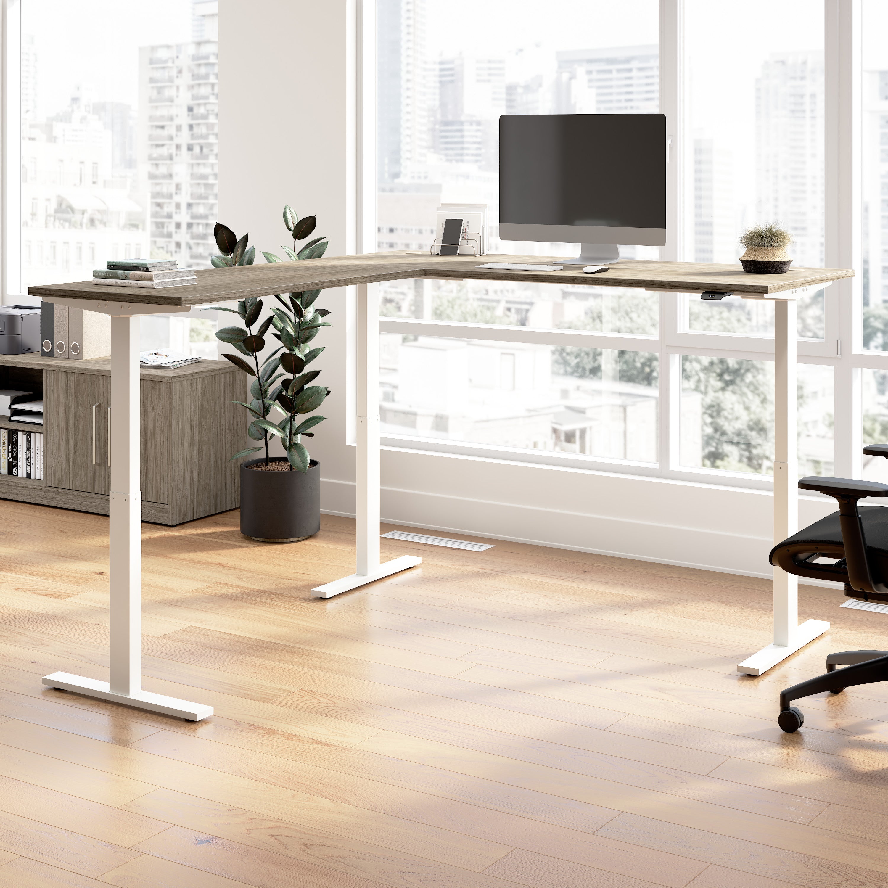 Bush Business Furniture Move 60 Series 72W Height Adjustable L Shaped Standing Desk in Modern Hickory with White Base - 71.02" Width x 76.97" Depth x 27.44" Height