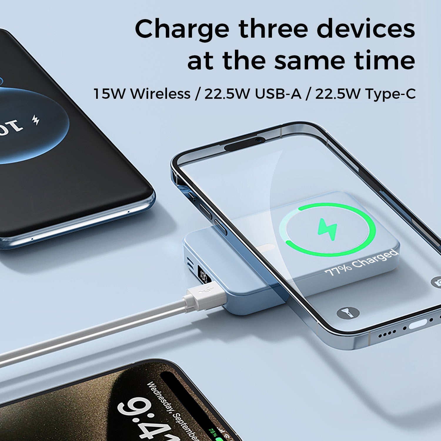 10,000mAh Magnetic Wireless Charge Power Bank with Foldable Stand, Blue