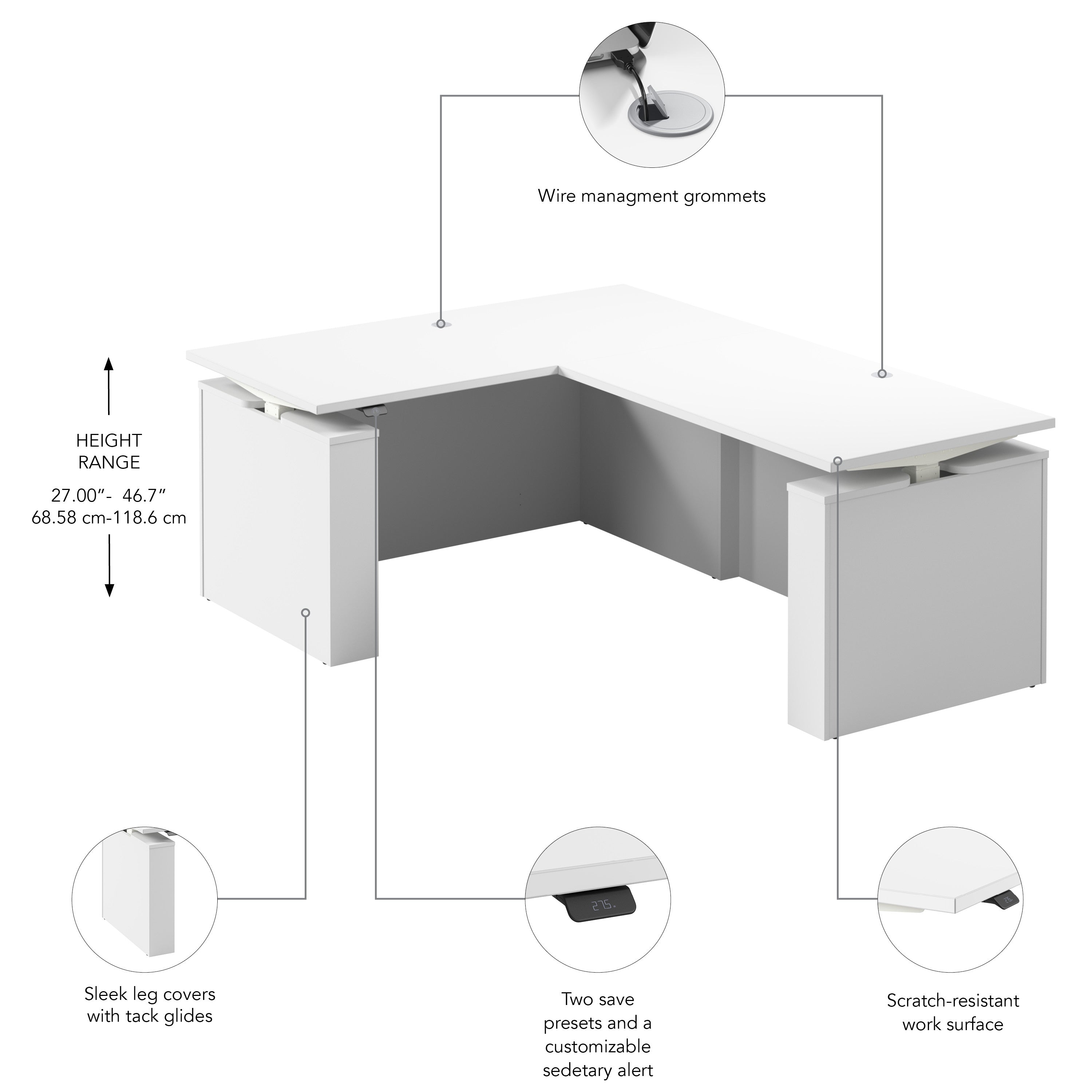 Bush Business Furniture Stratus&nbsp;60W x&nbsp;78D Electric Height Adjustable L Shaped Standing Desk White with White Base - 59.45" Width x 76.97" Depth x 27.44" Height