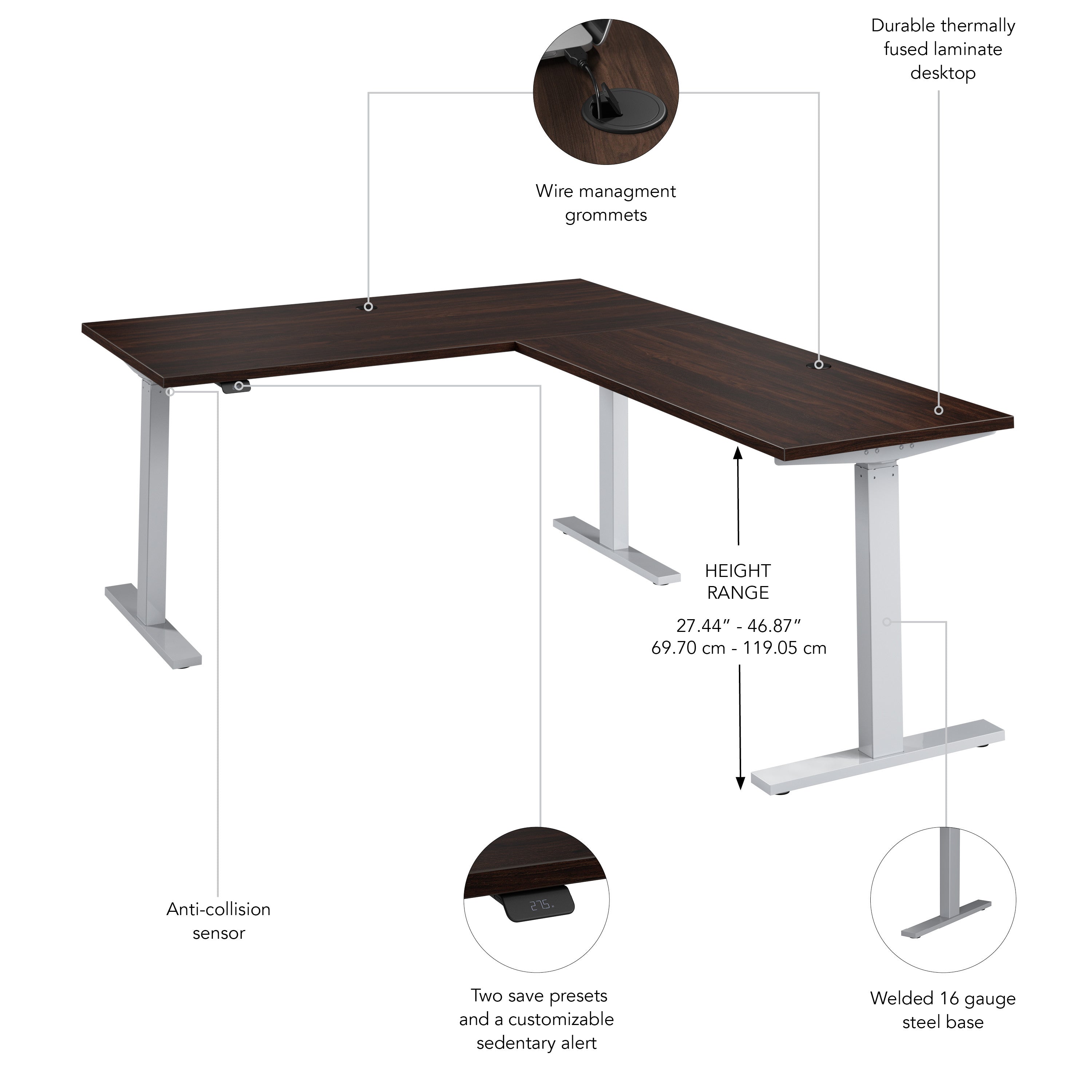 Bush Business Furniture Move 60 Series 60W Height Adjustable L Shaped Standing Desk in Black Walnut with Metallic Gray Base - 59.45" Width x 76.97" Depth x 27.44" Height