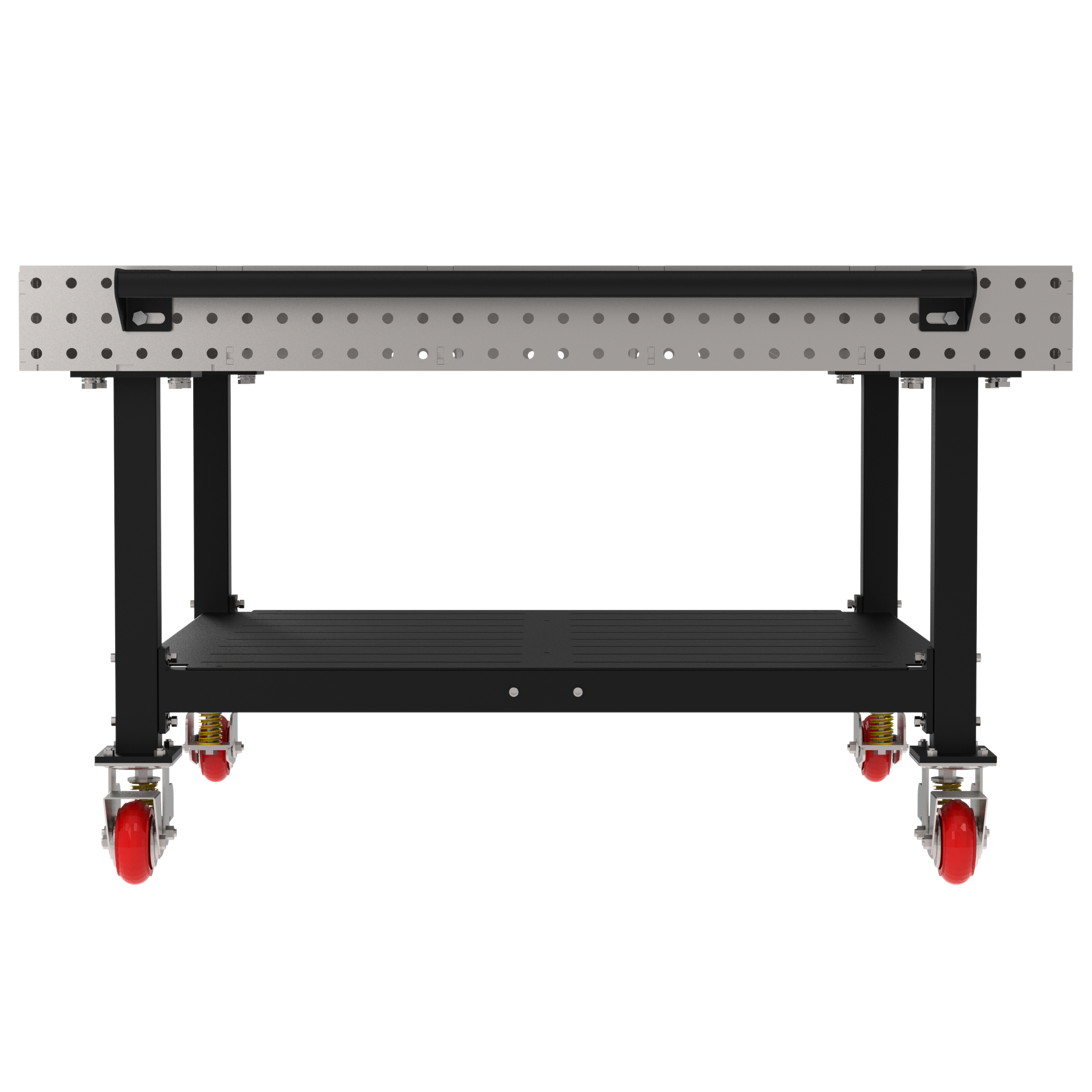 Welding Fixture Table, Fixed Height, 36"H x 60"L x 60"D, 1/4" Carbon Steel Top, Four Black Powdercoat Legs, Shelf, Handle, 4 Heavy Duty Suspension Casters (2 Locking/Swiveling Casters and 2 Non-Locking/Non-SwivelingCasters)