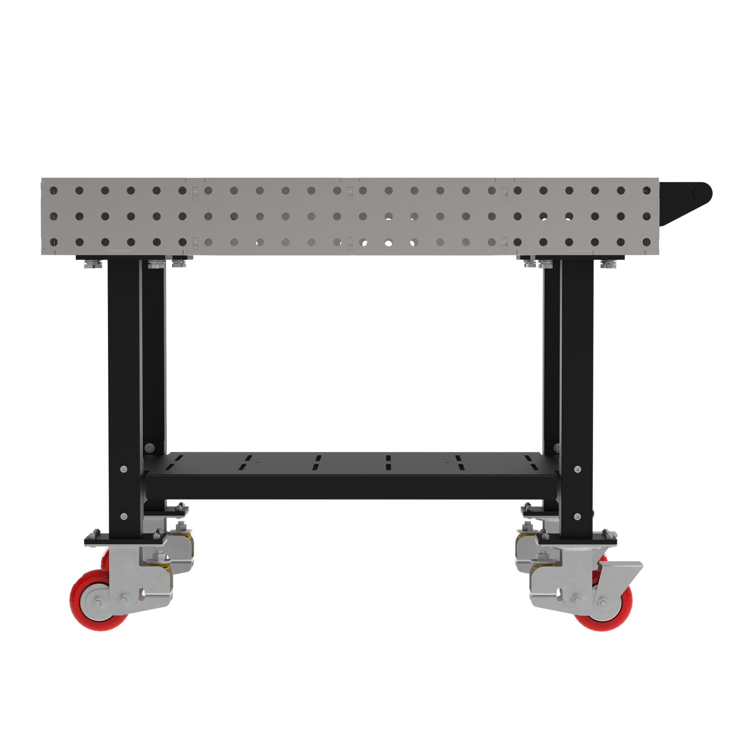 Welding Fixture Table, Fixed Height, 36"H x 48"L x 30"D, 1/4" Carbon Steel Top, Four Black Powdercoat Legs, Shelf, Handle, 4 Heavy Duty Suspension Casters (2 Locking/Swiveling Casters and 2 Non-Locking/Non-SwivelingCasters)