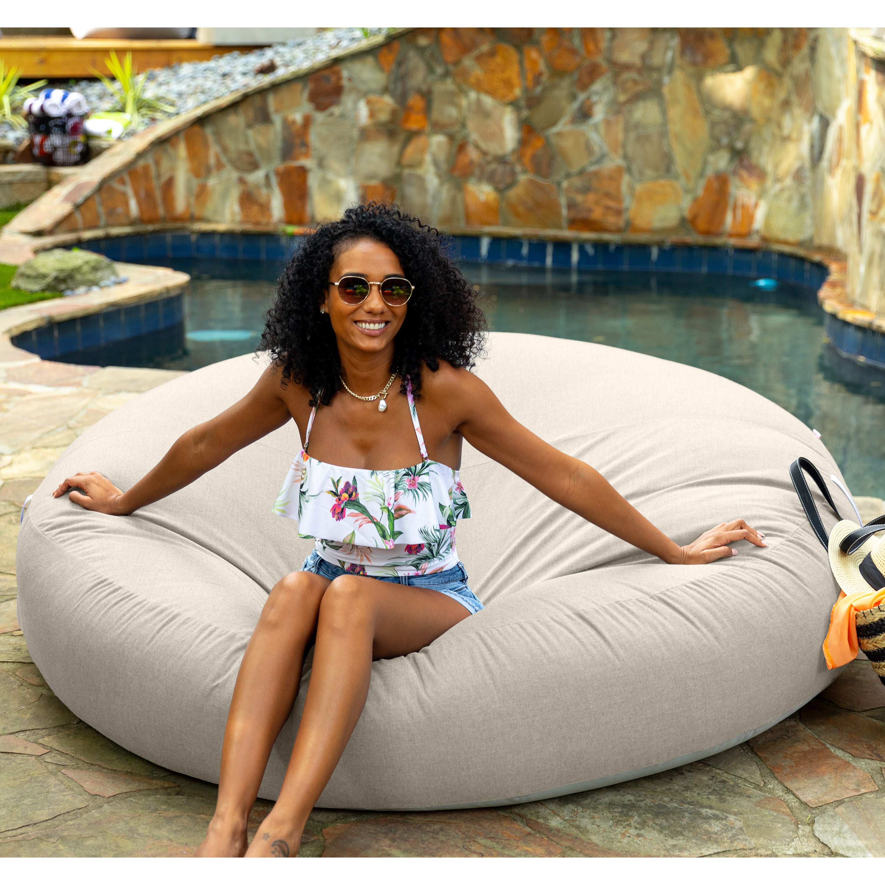 Coza Cocoon Sun Bed - Giant Outdoor Round Lounge for Resort Style & Beachfront Relaxation - Sunbrella, Flax