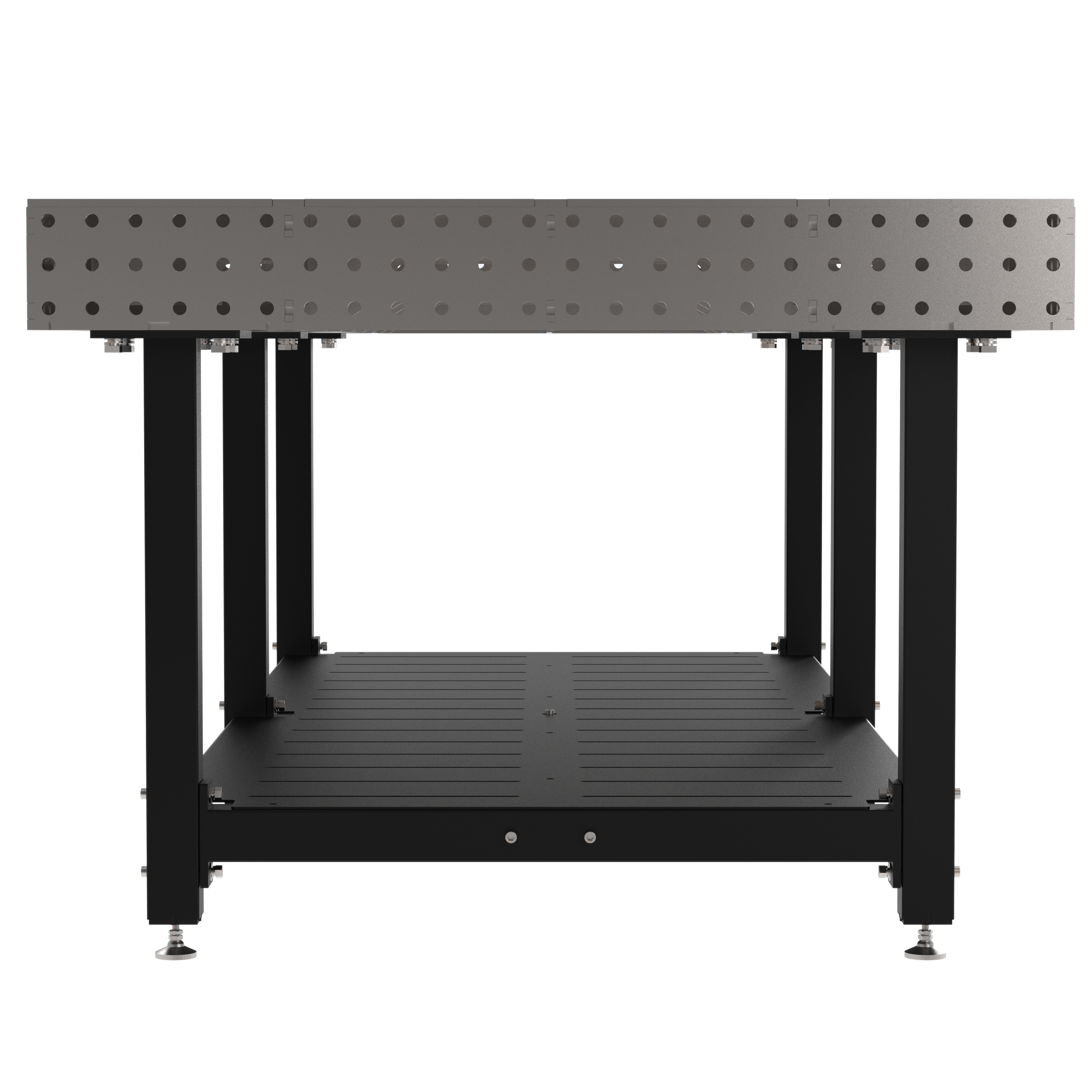 Welding Fixture Table, Fixed Height, 36"H x 96"L x 48"D, 1/4" Carbon Steel Top, Six Black Powdercoat Legs, Shelf, Self-Leveling Feet