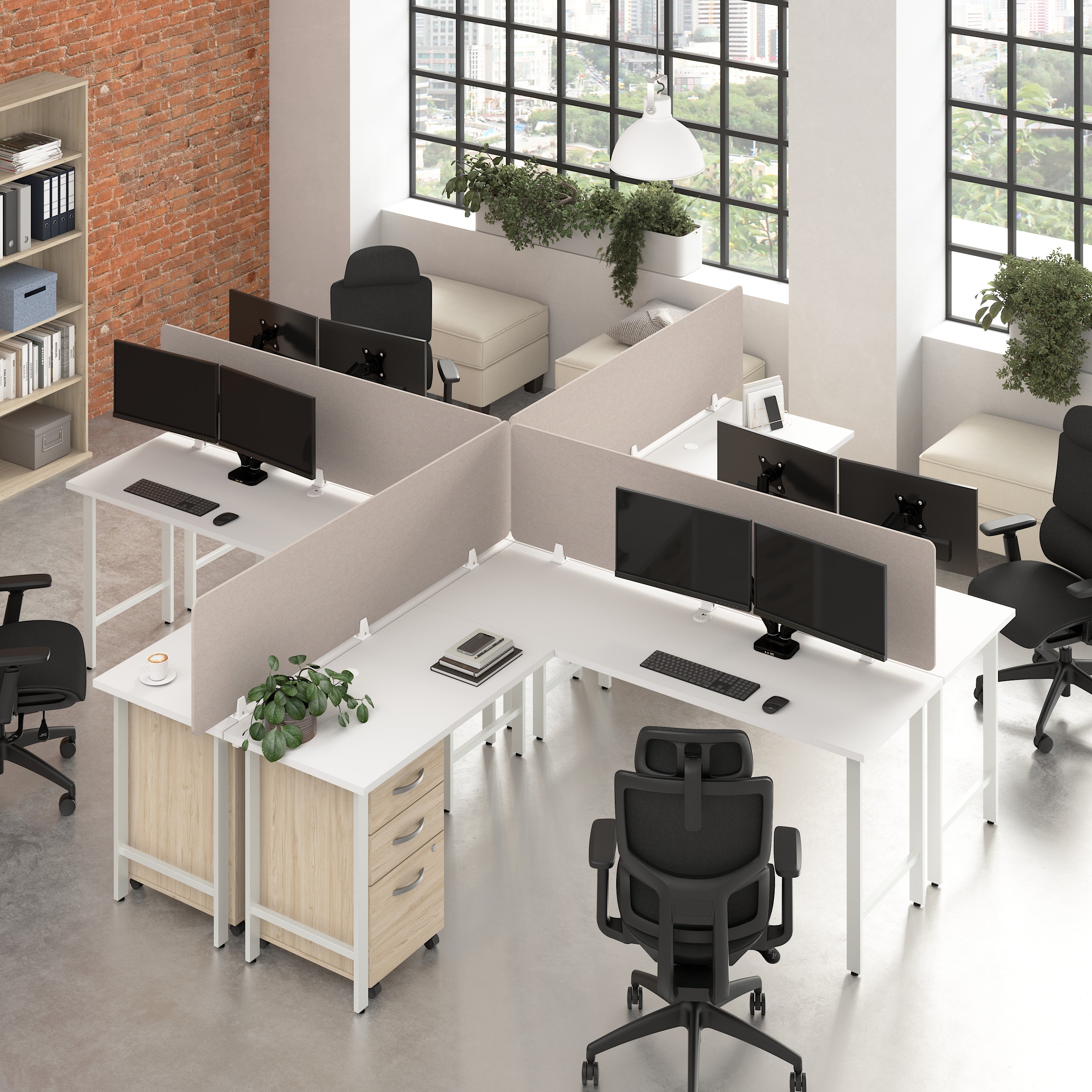 Bush Business Furniture Hustle 4 Person L Shaped Desk with Mobile File Cabinets, Power Grommets, and Privacy Screens in White and Natural Elm - 71.02" Width x 23.34" Depth x 30.07" Height