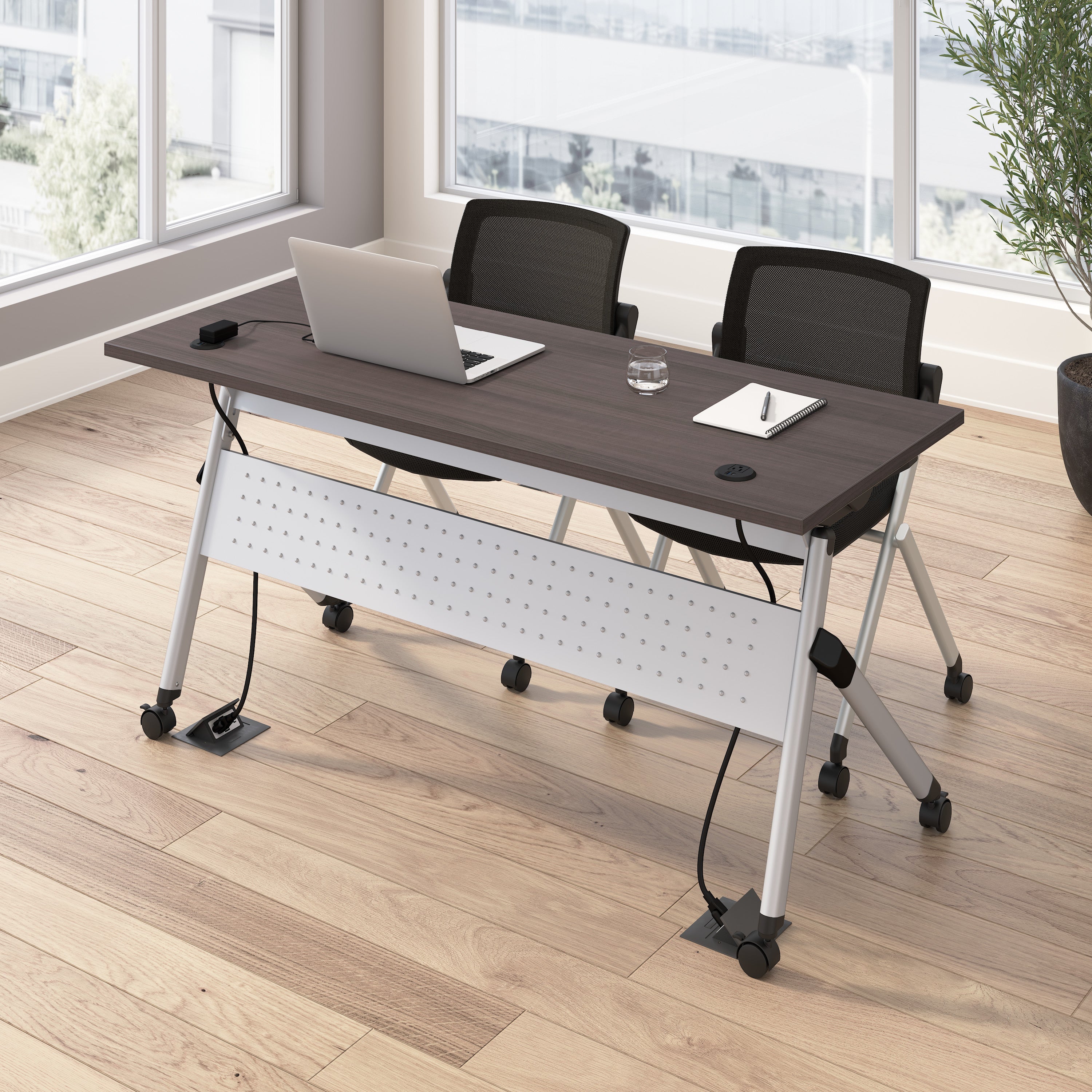 Bush Business Furniture Envision 60W Folding Training Table with Powered Grommets and 2 Chairs in Storm Gray - 59.45" Width x 23.54" Depth x 32.87" Height