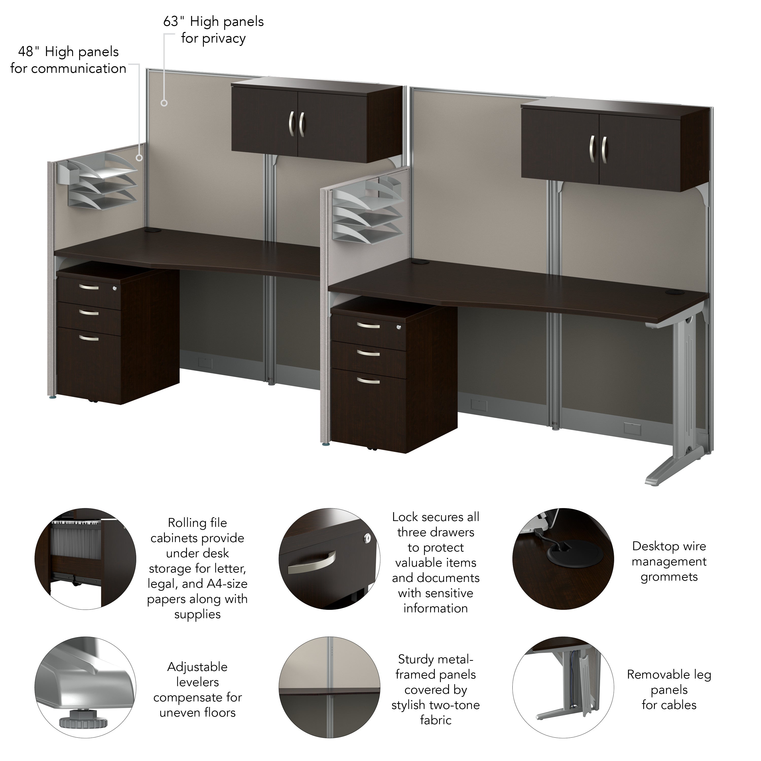 Bush Business Furniture Office in an Hour 2 Person Straight Cubicle Desks with Storage, Drawers, and Organizers in Mocha Cherry - 128.98" Width x 32.24" Depth x 62.87" Height