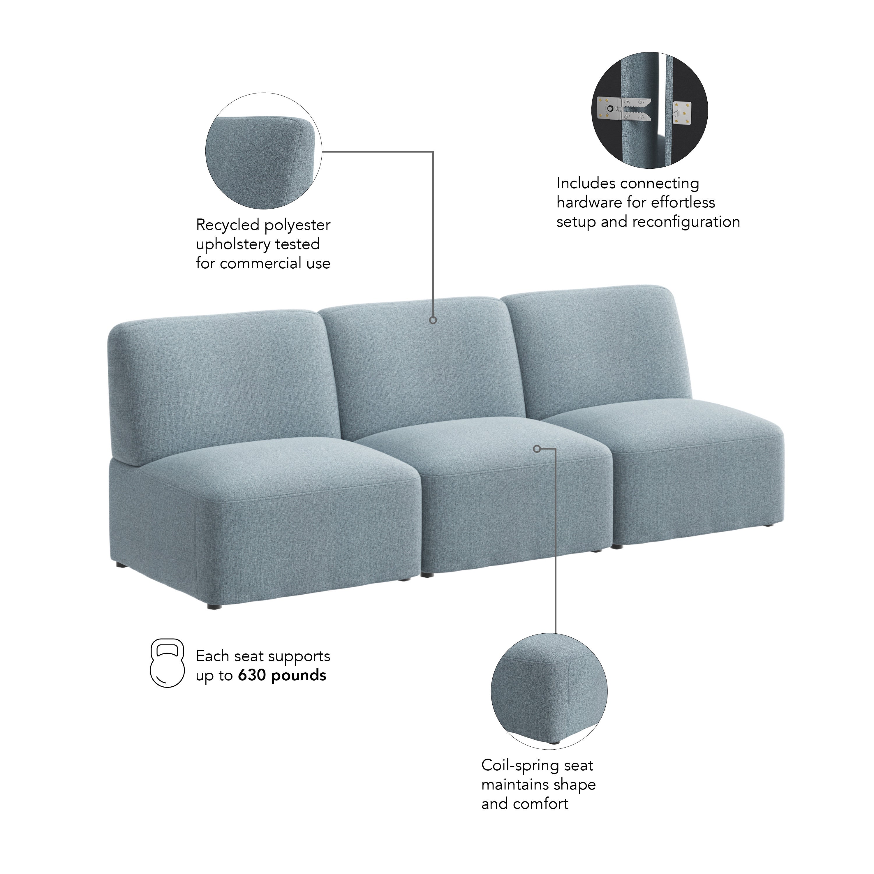 Bush Business Furniture Assemble Modular 3 Seater Sectional Lounge Sofa in Mist Fabric - 89.76" Width x 30.51" Depth x 29.92" Height