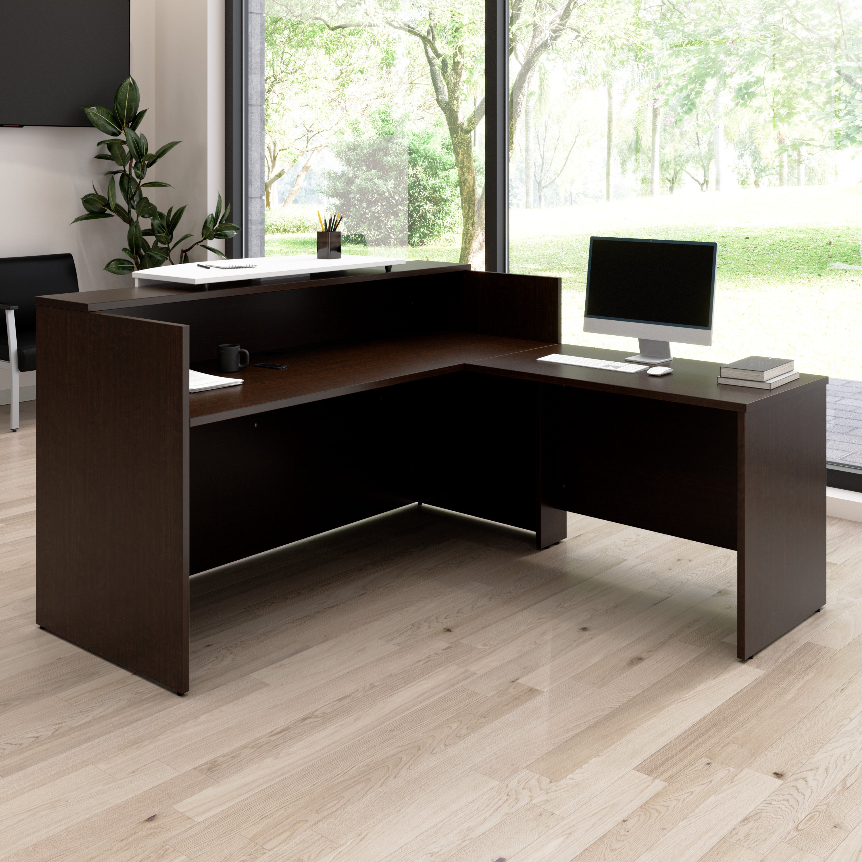 Bush Business Furniture Arrive 72W x 72D L Shaped Reception Desk with Counter in Mocha Cherry - 71.02" Width x 71.14" Depth x 40.35" Height