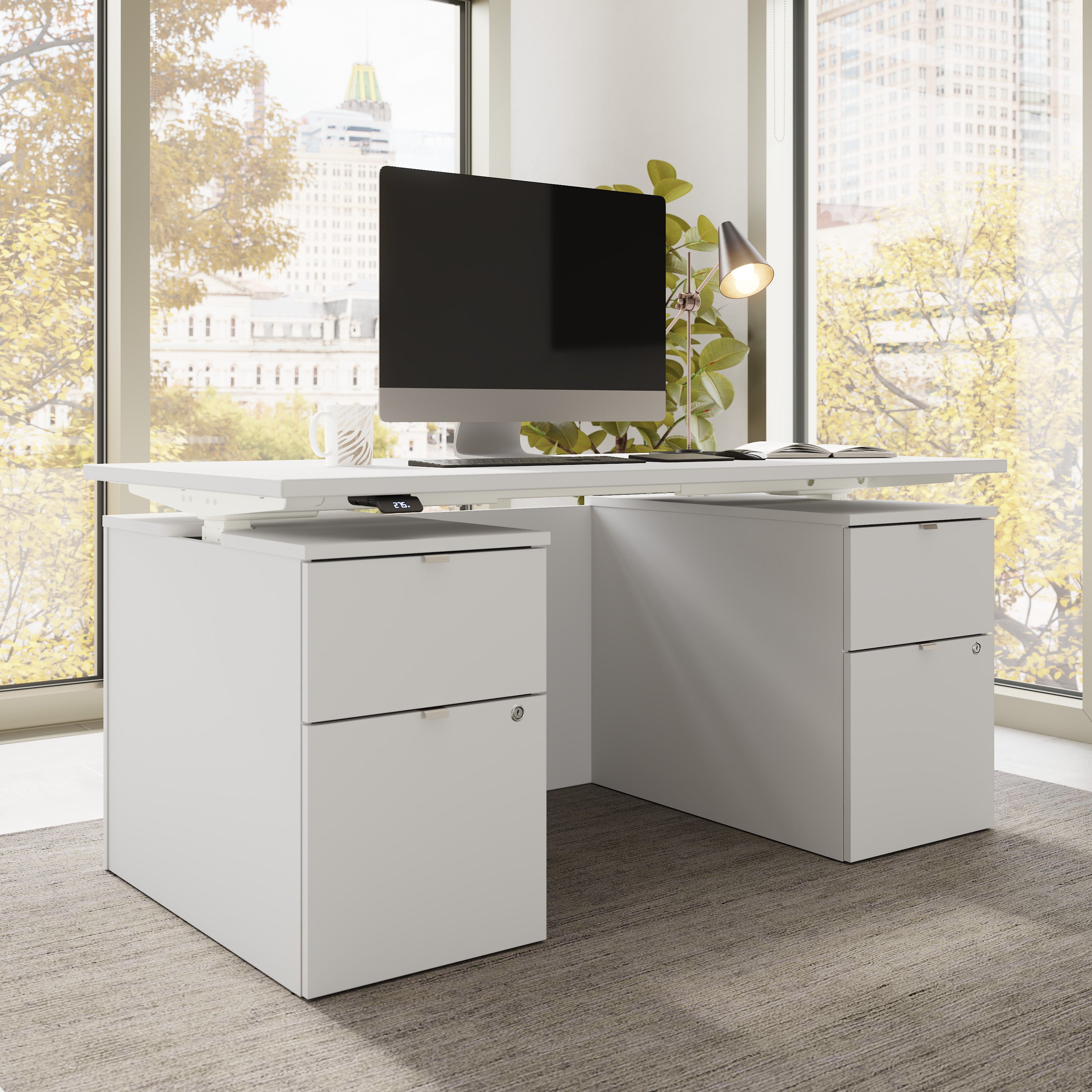 Bush Business Furniture Stratus&nbsp;60W x&nbsp;30D Electric Standing Desk with Drawers and Modesty Panel in White with White Base - 59.45" Width x 29.37" Depth x 27.44" Height