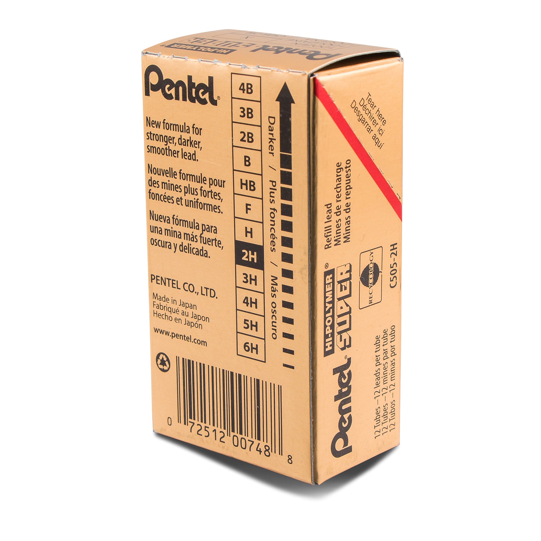 Super Hi-Polymer Lead Refill (0.5mm) Fine, 2H, 12 Pieces/Tube, 12 Tubes/Box