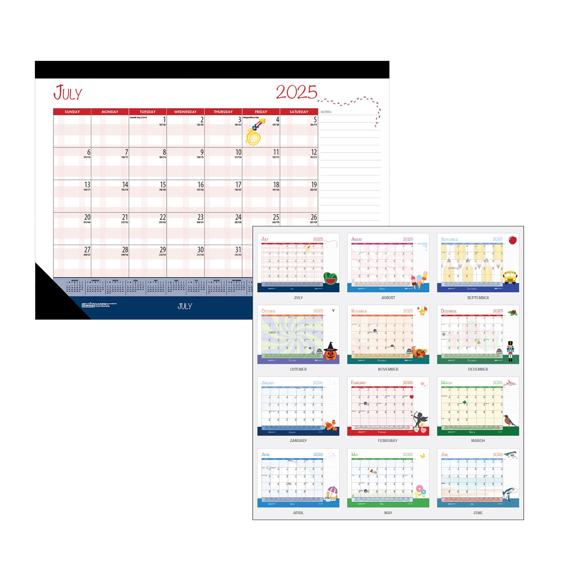 Monthly Academic Deskpad Calendar, Seasonal Holiday Depictions, 12 Months July-June, 22" x 17"