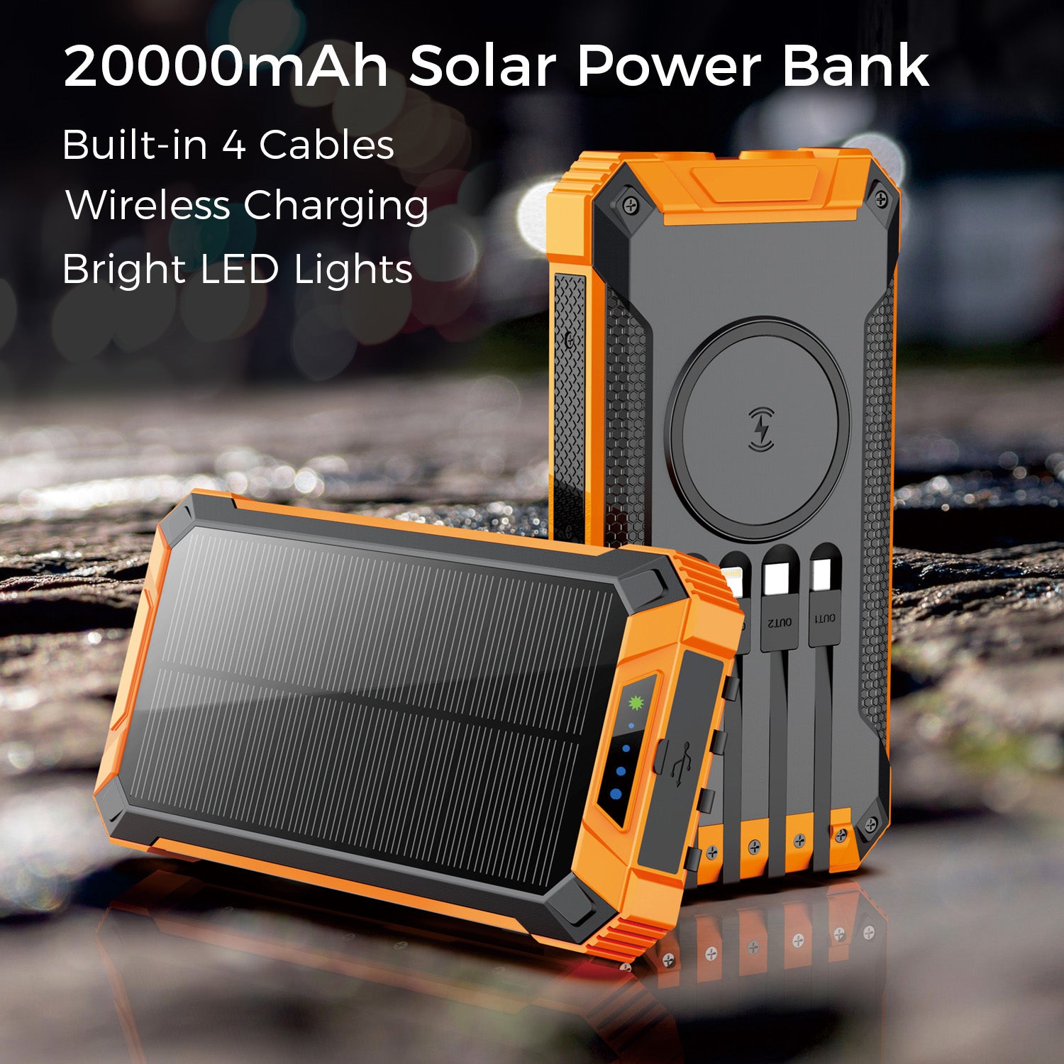 20000mAh Solar Power Bank with Wireless Charging and Built-in Cables, Orange
