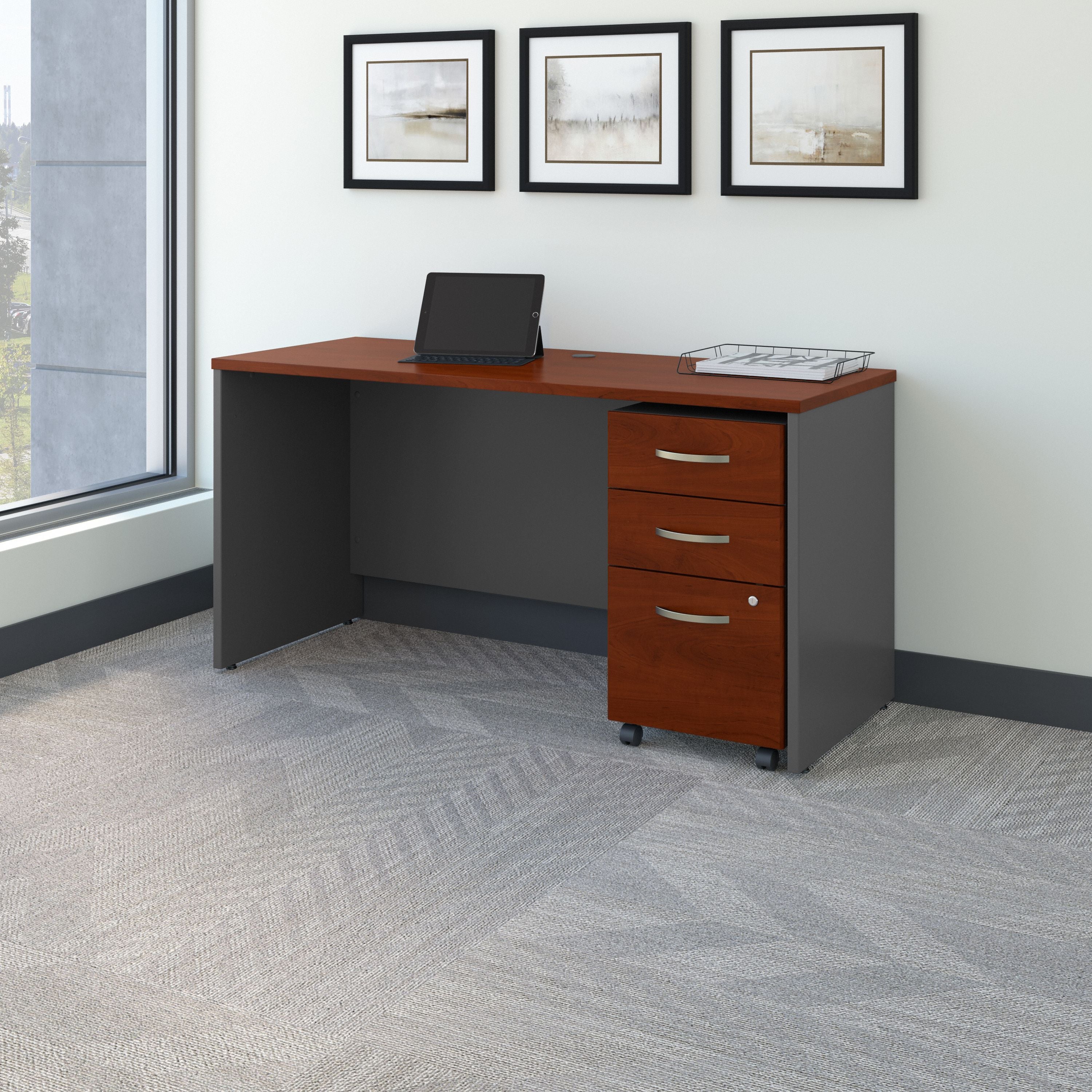 Bush Business Furniture Series C 60W x 24D Office Desk with Mobile File Cabinet in Hansen Cherry - 59.45" Width x 23.35" Depth x 29.8" Height