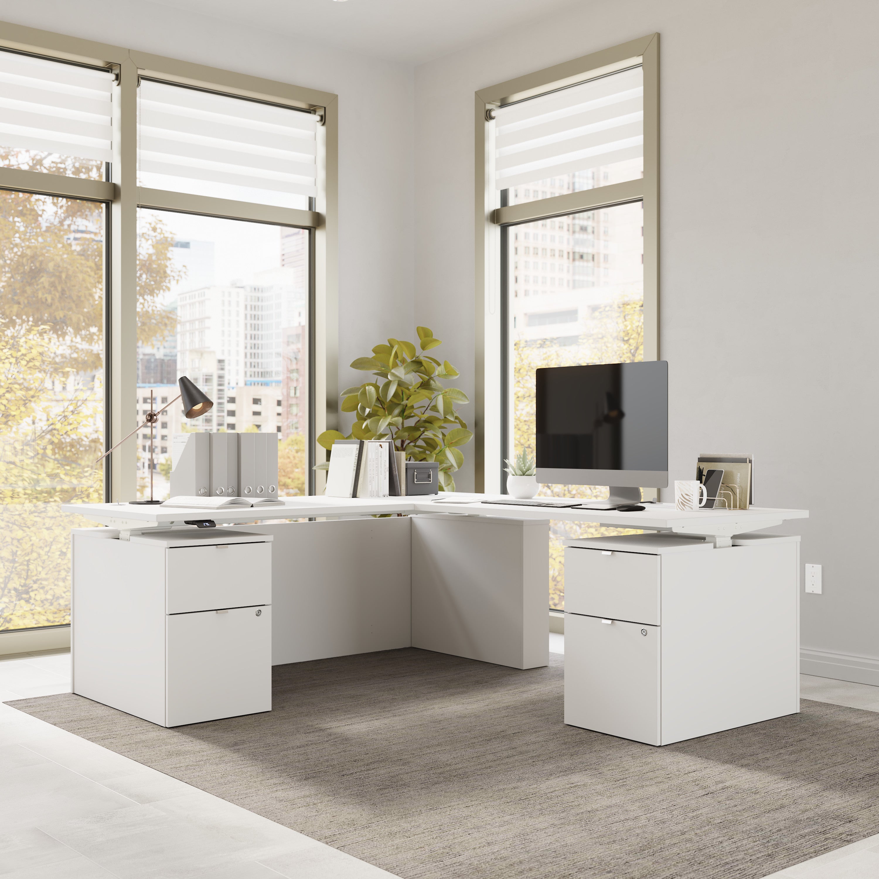 Bush Business Furniture Stratus&nbsp;72W x&nbsp;78D Height Adjustable L Shaped Standing Desk with Drawers in White with White Base - 71.02" Width x 76.97" Depth x 27.44" Height