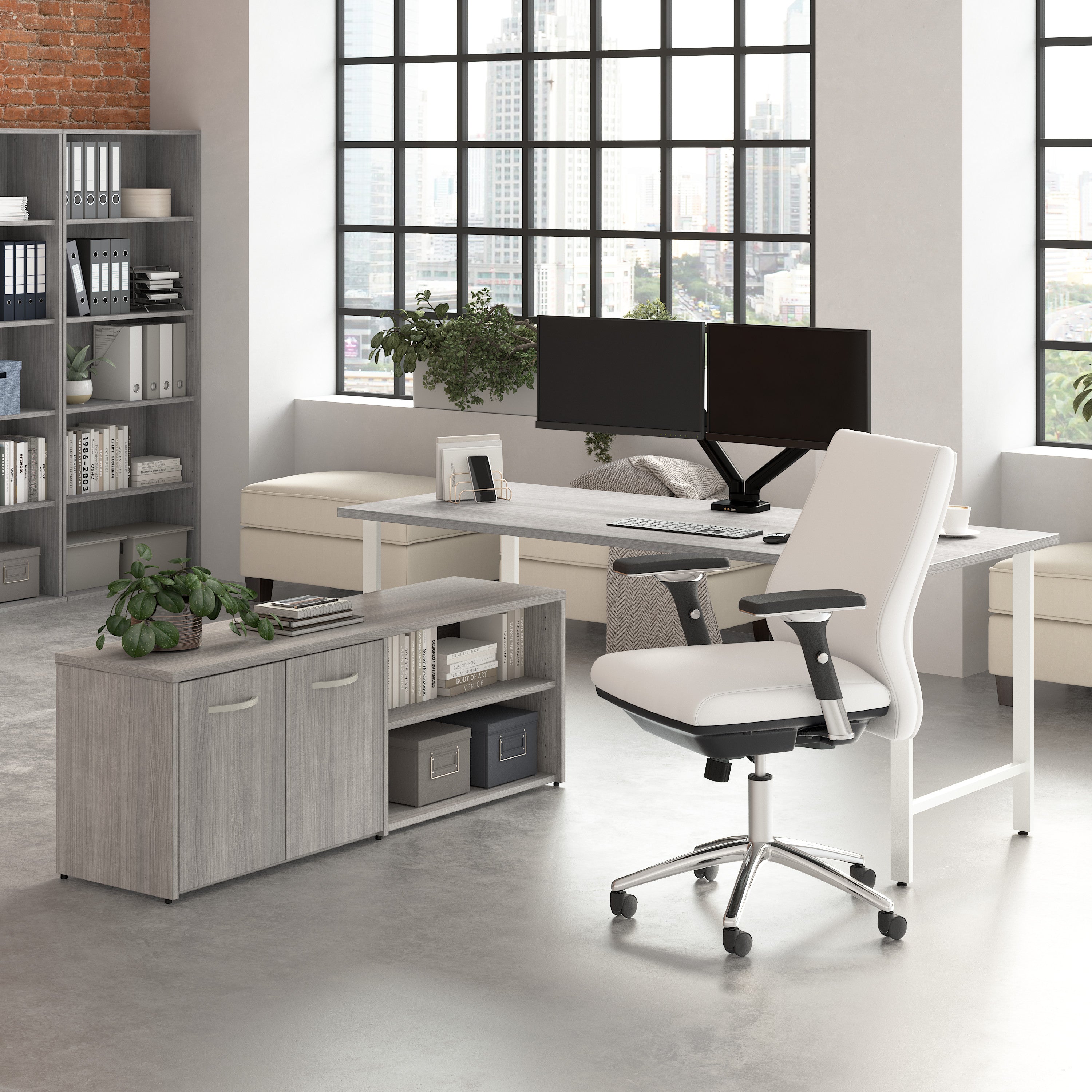 Bush Business Furniture Hustle 72W x 30D Computer Desk and Low Storage Cabinet with Doors and Shelves in Platinum Gray - 71.02" Width x 88.54" Depth x 30.07" Height