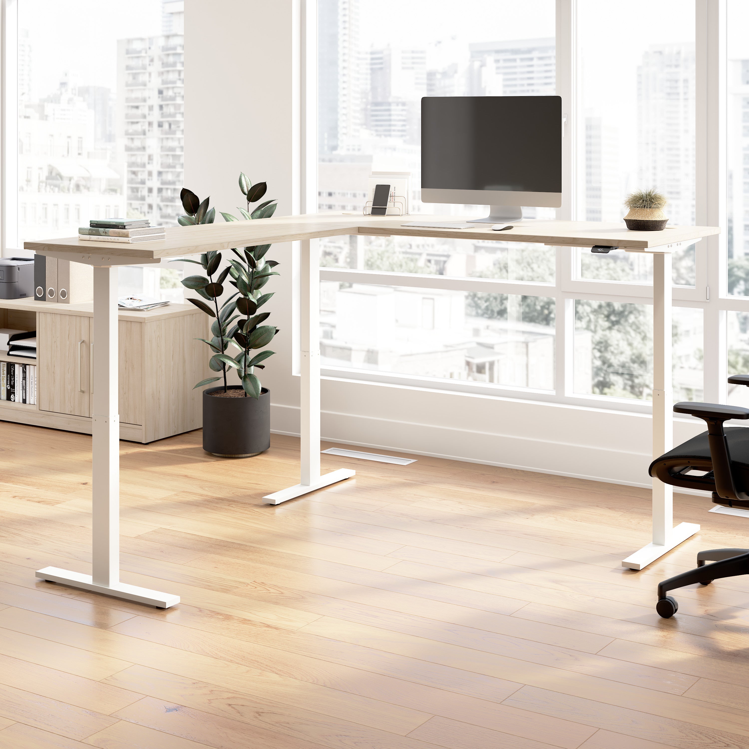 Bush Business Furniture Move 60 Series 72W Height Adjustable L Shaped Standing Desk in Natural Elm with White Base - 71.02" Width x 76.97" Depth x 27.44" Height
