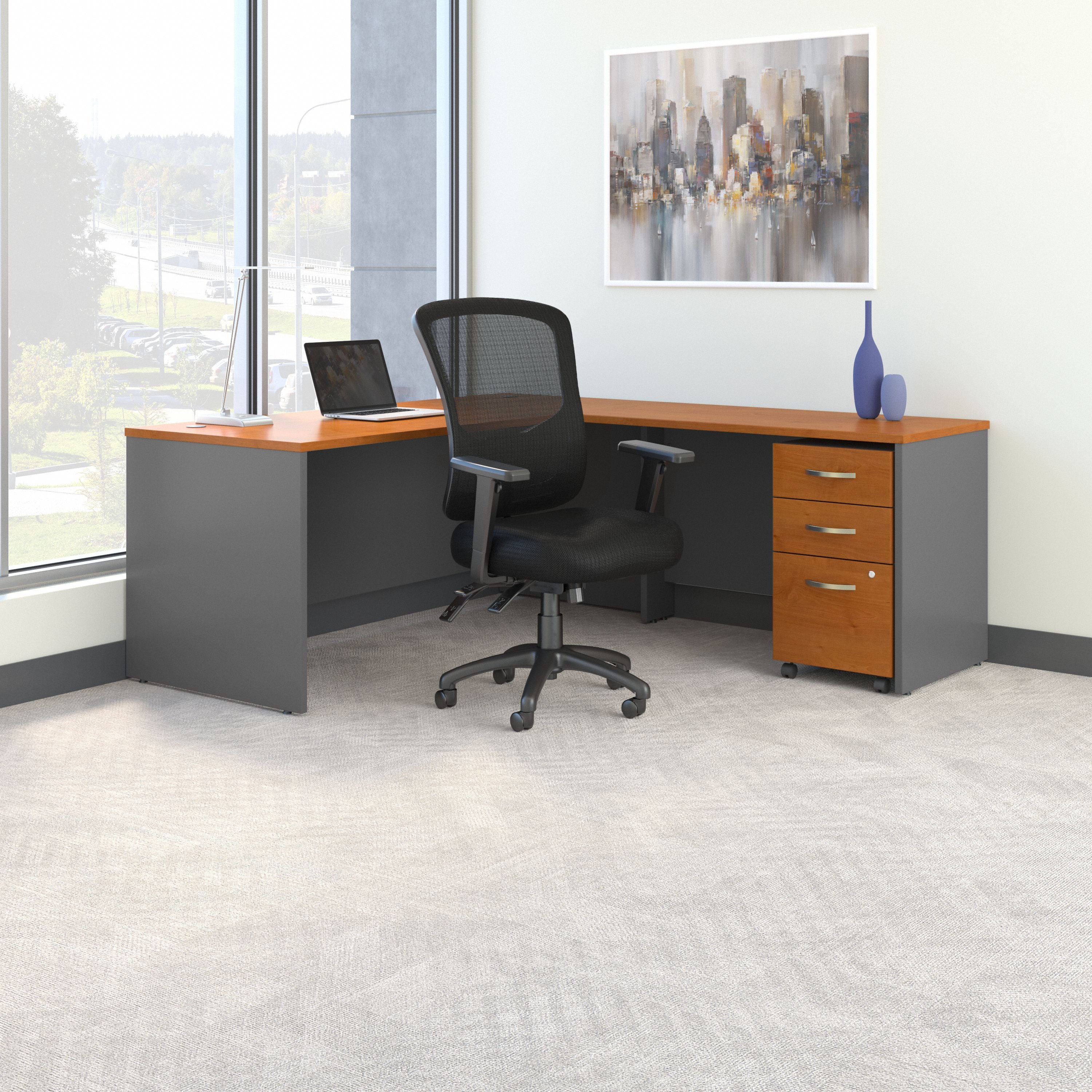 Bush Business Furniture Series C 72W L Shaped Desk with Mobile File Cabinet and High Back Multifunction Office Chair in Natural Cherry - 71.1" Width x 77.05" Depth x 43.9" Height