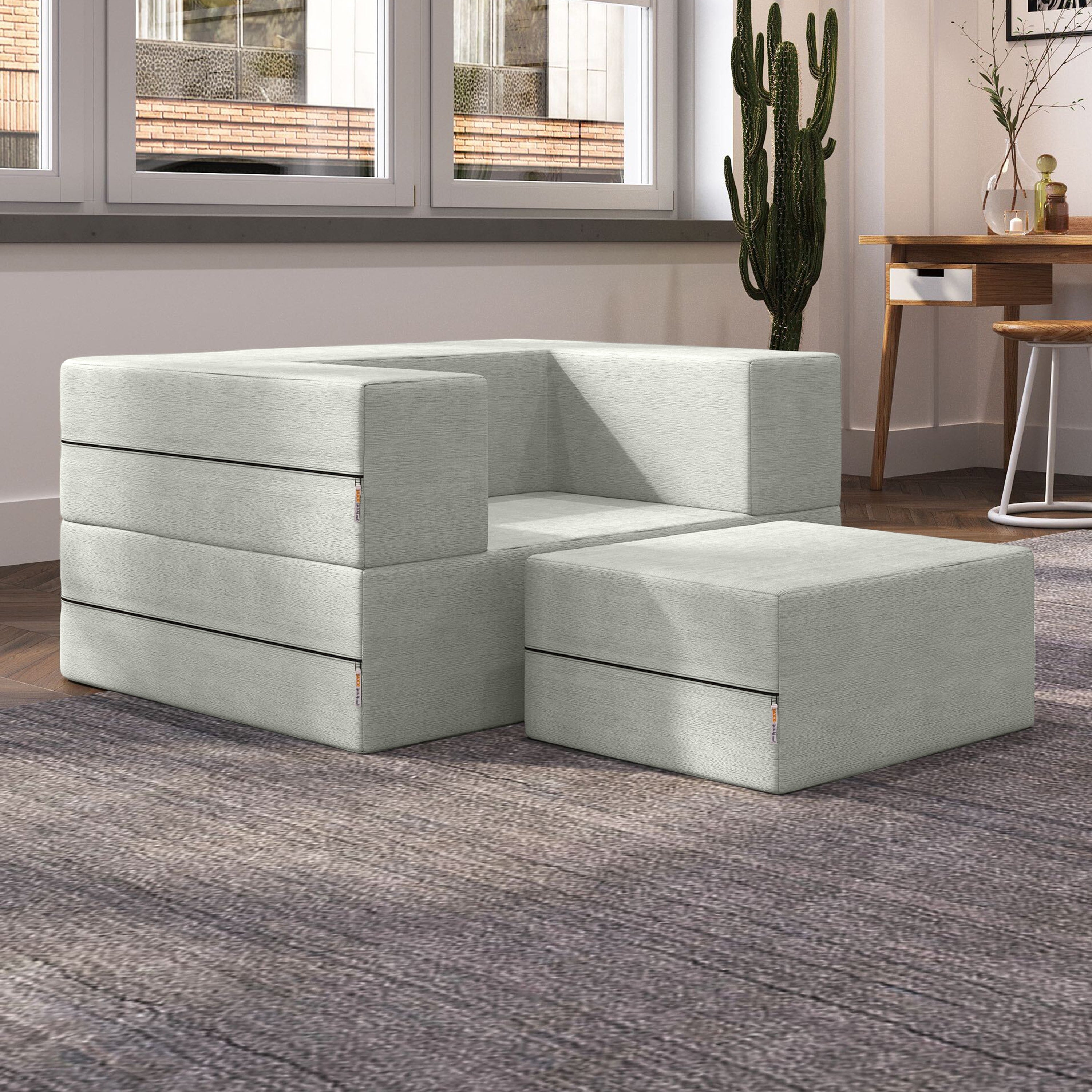 Jaxx Zipline Convertible Sleeper Futon Chair & Ottoman with Machine-Washable Cover, Ice