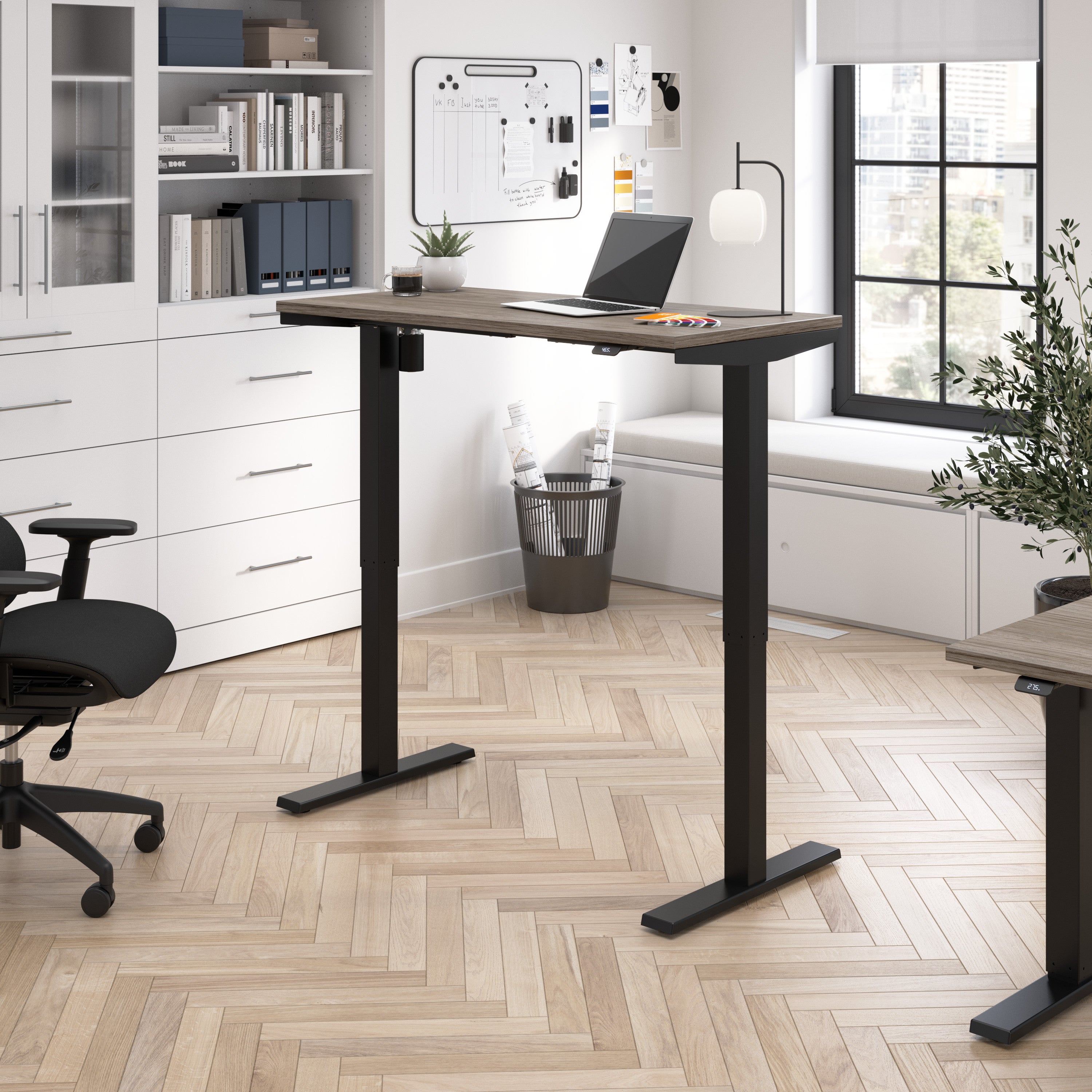 Bush Business Furniture Move 40 Series 48W x 24D Electric Height Adjustable Standing Desk in Modern Hickory with Black Base - 47.6" Width x 23.35" Depth x 28.17" Height